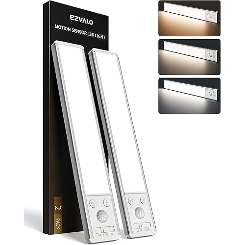 EZVALO 10inch Under Cabinet Lighting, 2500mAh Rechargeable Motion Sensor Lights Indoor with 3 Color Temps, 2 Pack Magnetic Closet Light, 80 LED Dimmable Under Counter Lights for Kitchen, Shelf, Stair