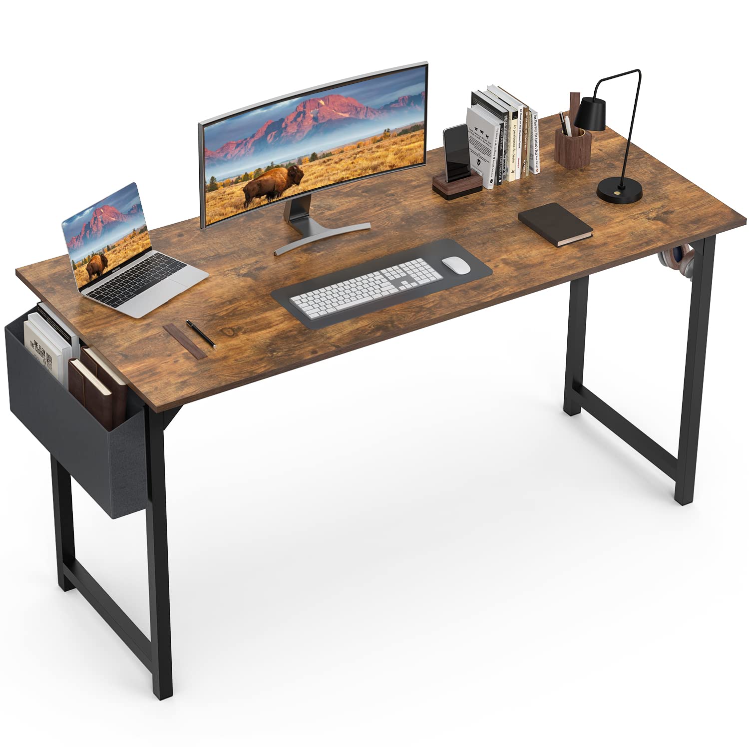 Photo 1 of Computer Desk 55 Inch Home Office Writing Work Study Small PC Desk Modern Simple Table with Storage Bag Headphone Hook, Rustic Brown Rustic Brown 55*19.7in