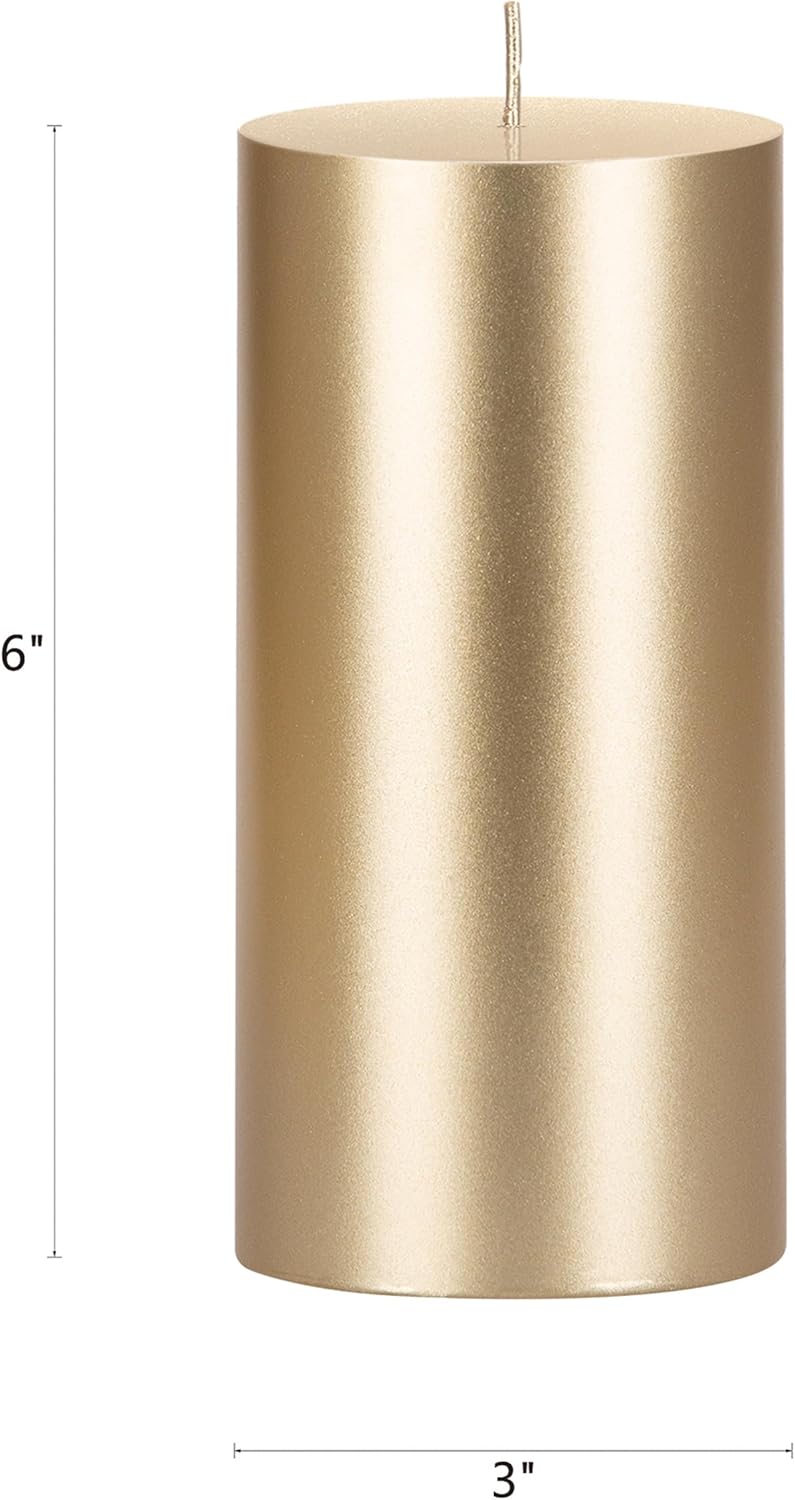 Mega Candles 6 pcs Unscented Solid Gold Pillar Candles, Hand Poured Premium Wax Candle 3 Inch x 6 Inch, Home Décor, Spas, Weddings, Occasions, Party, Centerpieces, Holidays, Vigils, Prayers