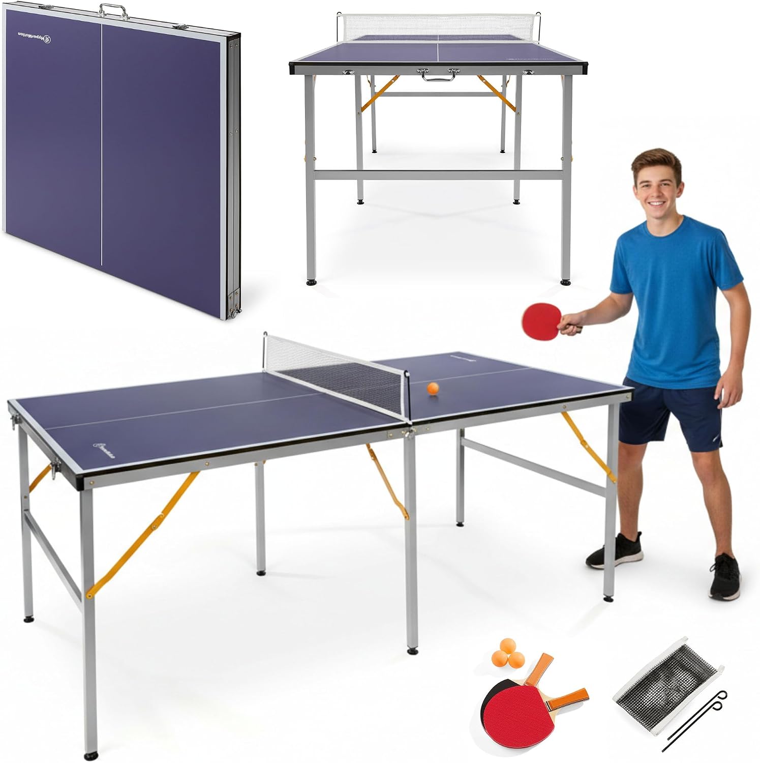 HyperMotion Składany Stół do Ping Ponga 180 cm, Tenis Stołowy dla Dzieci i Dorosłych, Kompaktowy Model do Domu z Siatką, Rakietkami i Piłeczkami