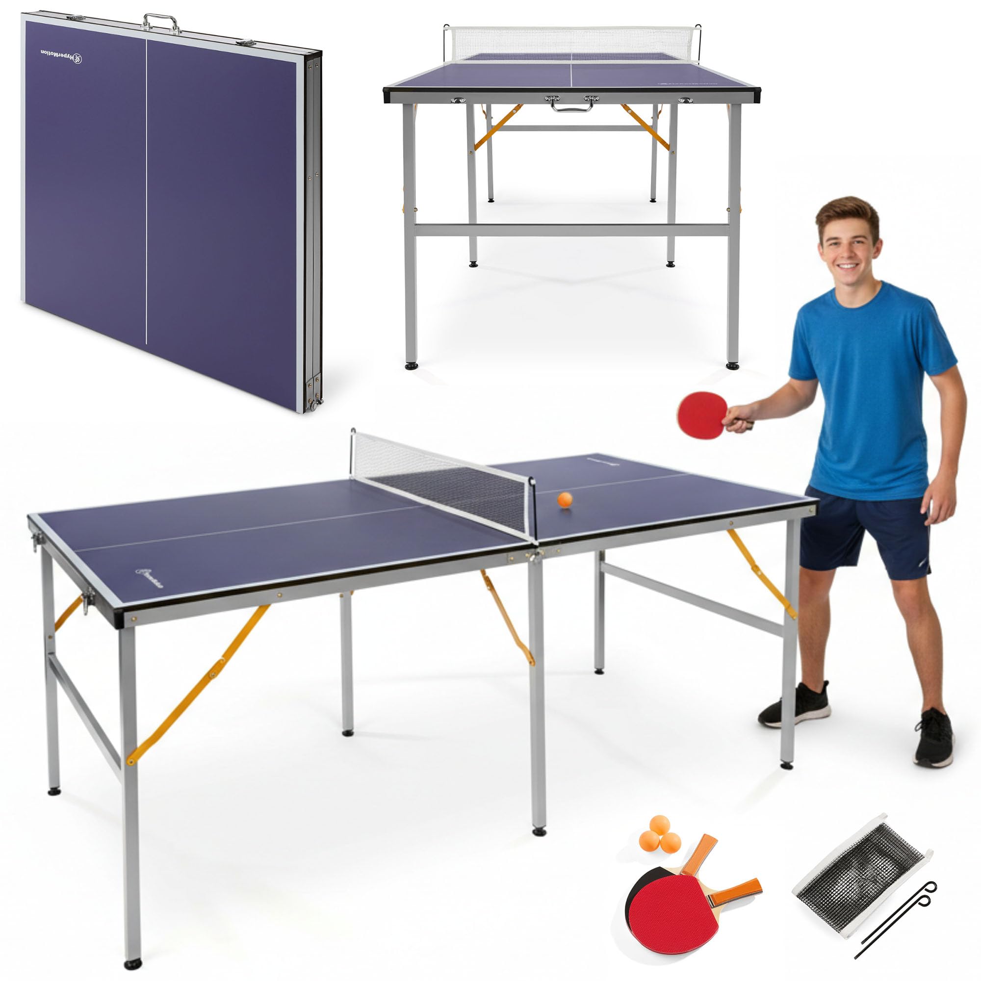 HyperMotion HYP32 Table de Ping Pong Pliante pour Enfants et Adultes, Modèle Compact d’Intérieur avec Filet, Raquettes et Balles, Facile à Transporter