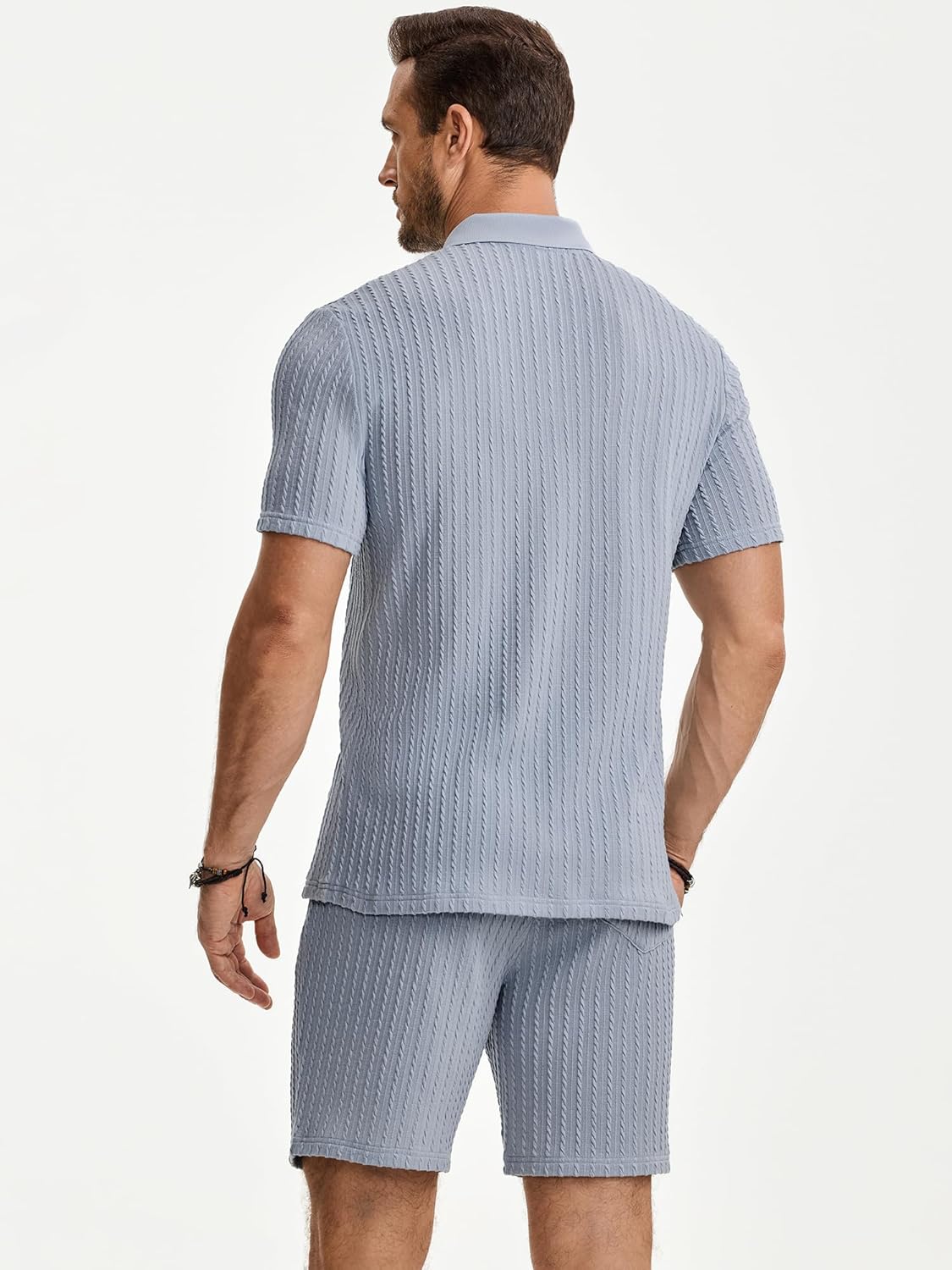 JMIERR Men's Summer Beach Outfits 2 Piece Jacquard Knit Lounge Short Sleeve Shirts & Shorts Vacation Texture Sets - Image 2