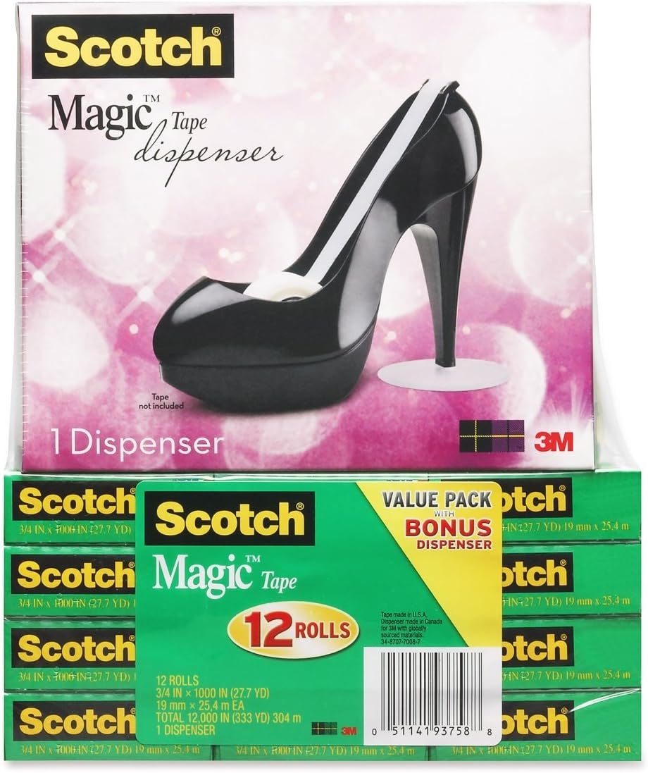 Scotch Magic Tape, 12 Rolls with Black Shoe Dispenser, Numerous Applications, Invisible, Engineered for Repairing, 3/4 x 1000 Inches, Boxed (810K12C30B)
