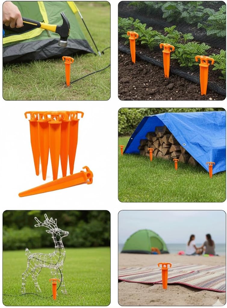 Pack of 6 – 11" Bright Orange Plastic Tent Pegs, Heavy-Duty Ground Stakes for Camping, Gardening, Landscaping & Holiday Light Decorations