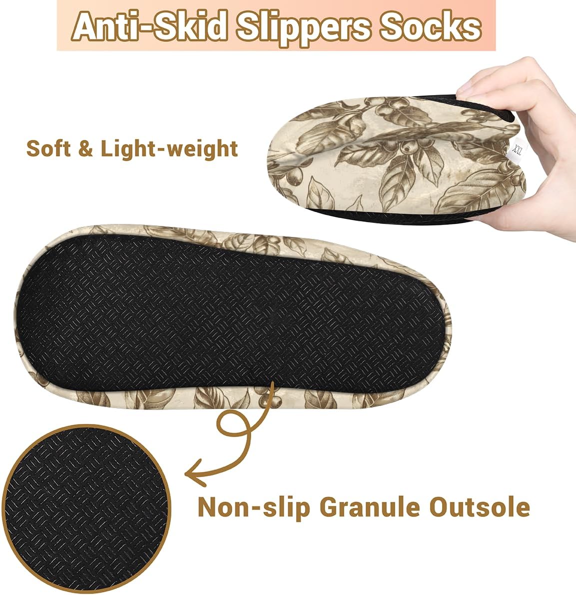 Vintage Coffee Bean Leaves Slipper for Women Indoor Non-Slip Slipper Socks Warm Comfy Soft Home Slippers Bedroom Fuzzy Plush Lined House Shoes Socks, M - Image 4