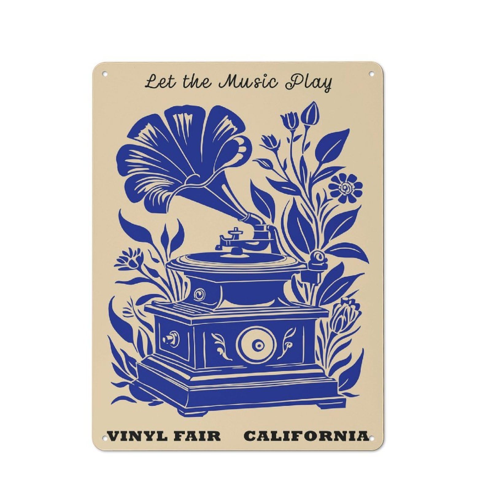 Junmoney Style-4 Vintage Gramophone With Floral Design Rustic Printed Metal Sign 40X30cm For Garage Or Workshop, For Garage, Workshop And Man Cave Decoration