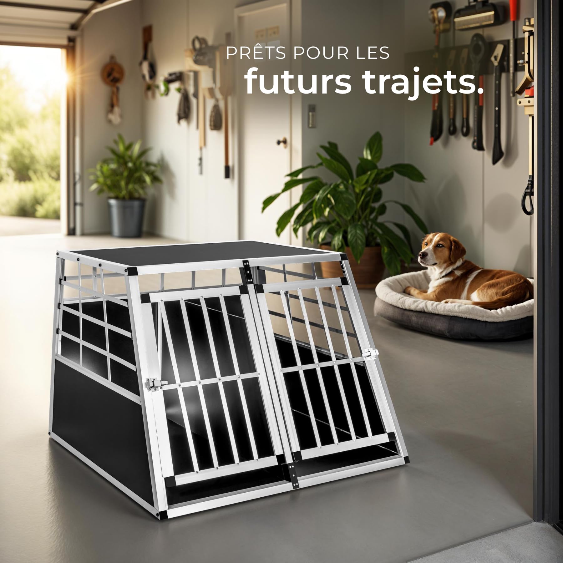 tectake® Caisse de Transport pour Chien légère & Solide Double Cage de Transport Chien pour Transport Chiens Voiture, Maison ou Jardin Cage avec paroi pour Max. 2 Chiens - 97 x 90 x 69,5 cm