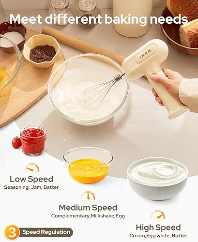 Miniatura 4 de IHM-1001E - Batidora de mano eléctrica de mano con recargable por USB, mezclador eléctrico de 3 velocidades con batidor de huevos de acero