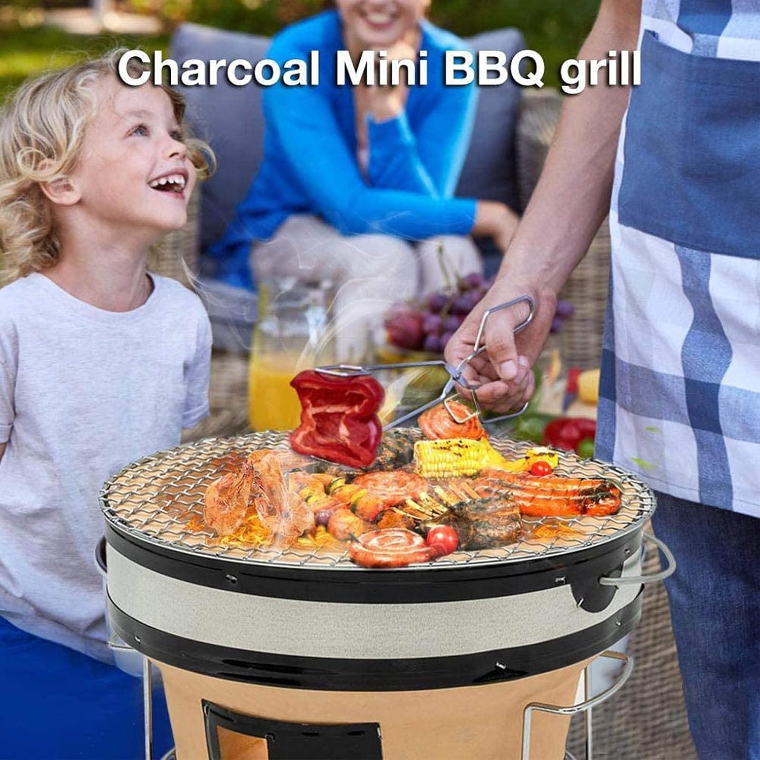 AIZYR Tabletop Ceramic Clay Charcoal Grill, Round Barbecue Charcoal Grill Tabletop Charcoal Stove ​Cooker with Food Tongs, Be Applicable Outdoor Indoor Camping Get Together