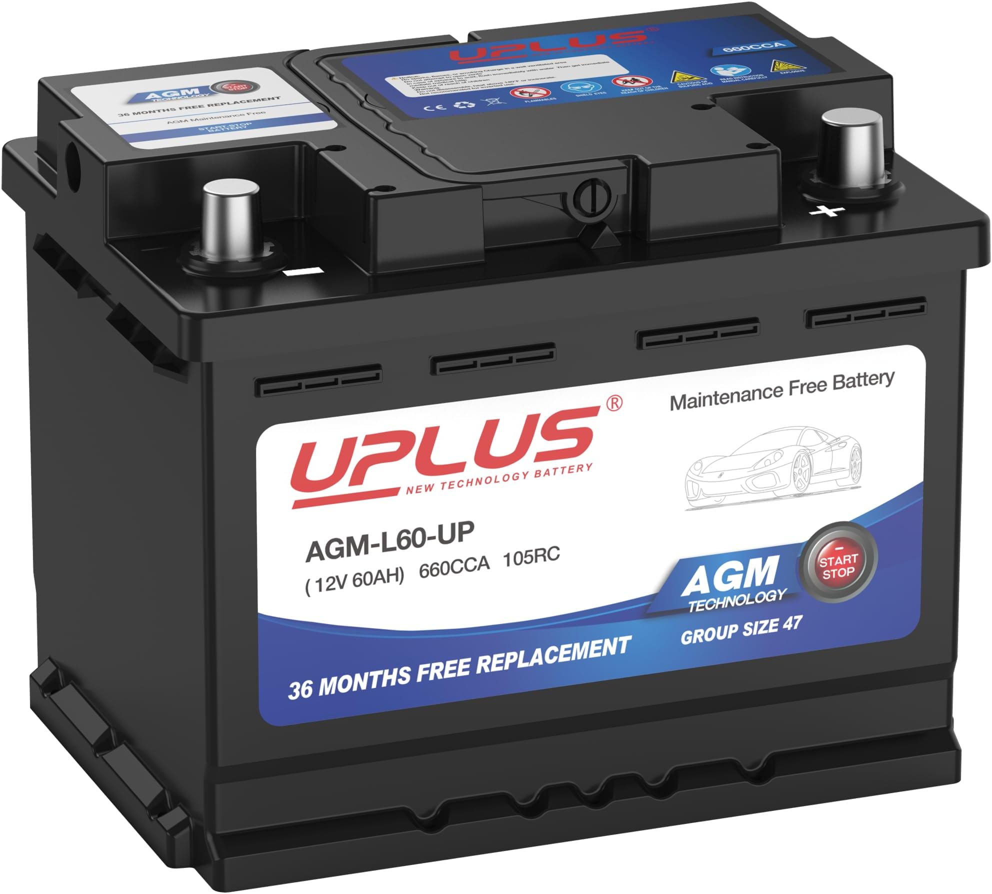 UPLUS BCI Group 47 Car Battery, AGM-L60-UP Maintenance Free 12V 60Ah Premium AGM Batteries H5 L2 Automotive Battery, 660CCA, 105RC, 375LN2-MF