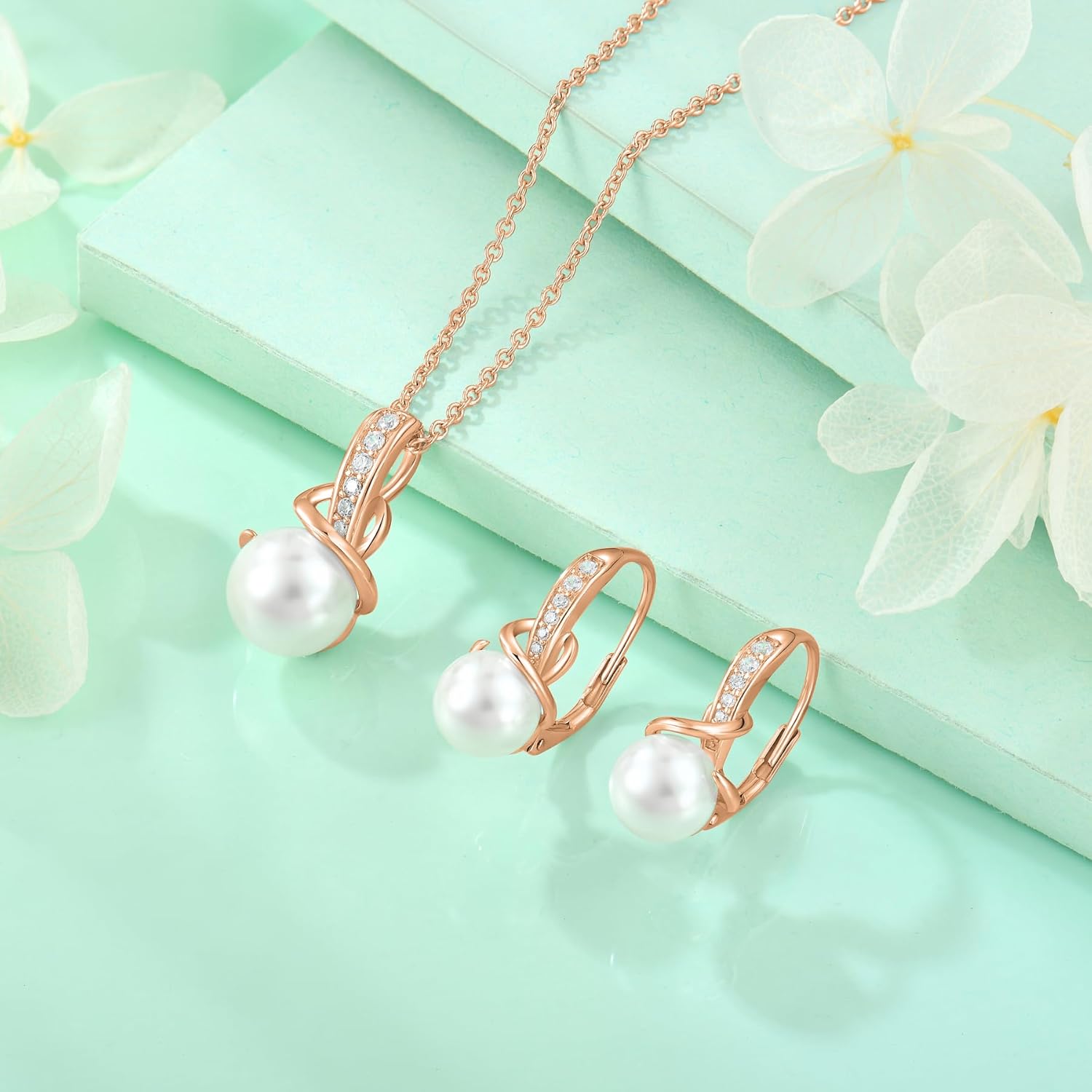 Starchenie Pearl Earrings Necklace 925 Sterling Silver Rose Gold Plated Pearl Jewelry Set for Women - Image 5