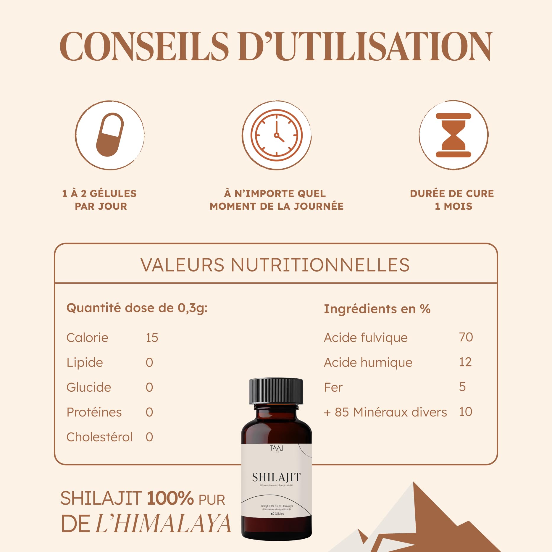 TAAJ | Shilajit en gélules | Pur de l'Himalaya, 100% naturel | 70% d'acides fulviques | + 85 minéraux et oligo-éléments | Antioxydant | Réduit stress & fatigue | Cure de 30 jours | 60 gélules