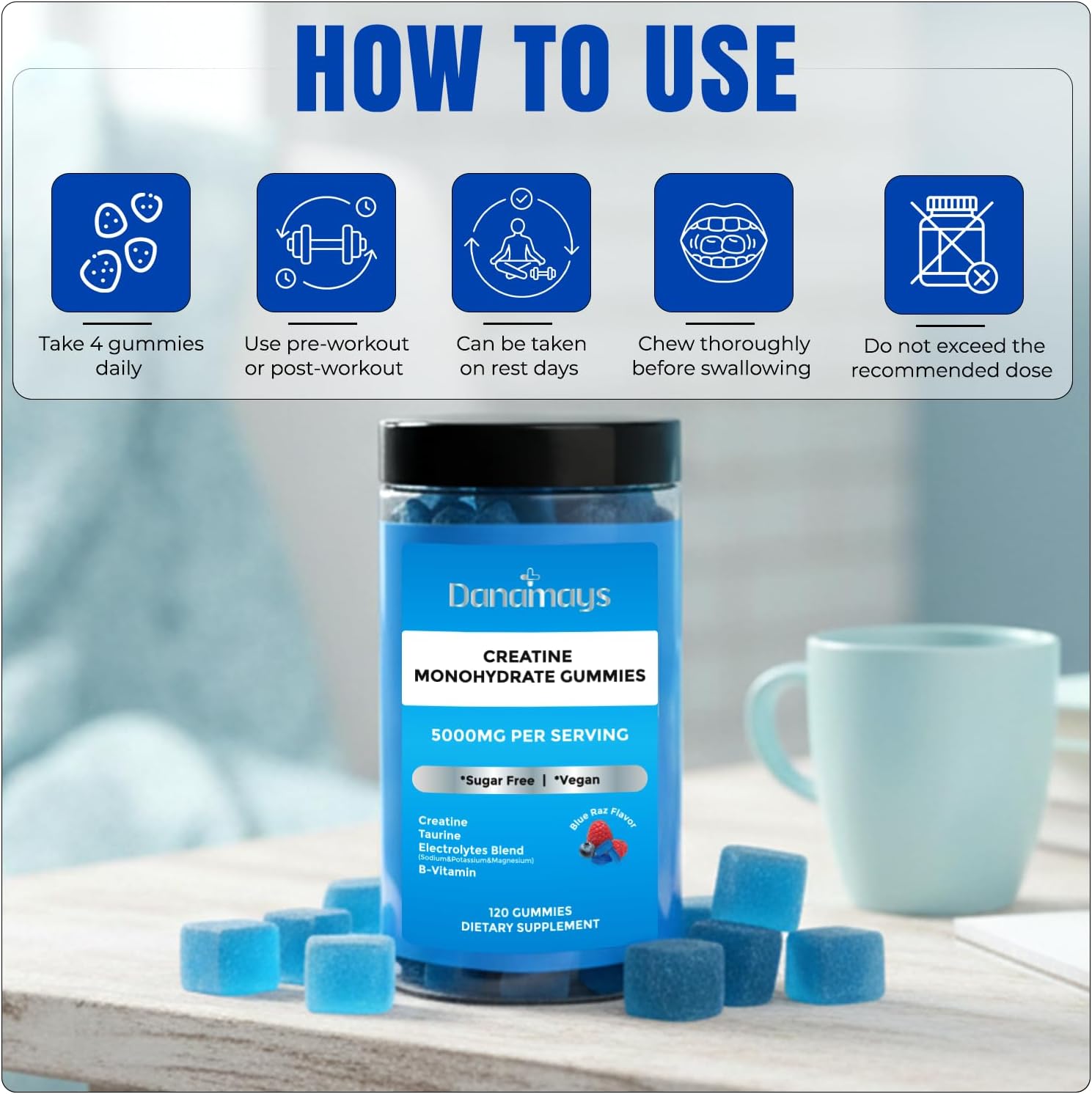 Creatine Gummies with Electrolytes | 5000 mg Creatine Monohydrate | Taurine, Magnesium, Potassium & Sodium | Blue Raspberry Flavor | Vegan Gummies