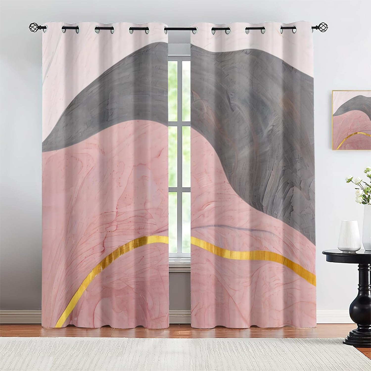 Modern Blue and Gold Line Art Window Drapes, Navy Blue Marble Background Blackout Curtains, Grommet Thermal Insulated Drapes for Kids Bedroom Living Room Home Decor (21" W x 63" L) x 2