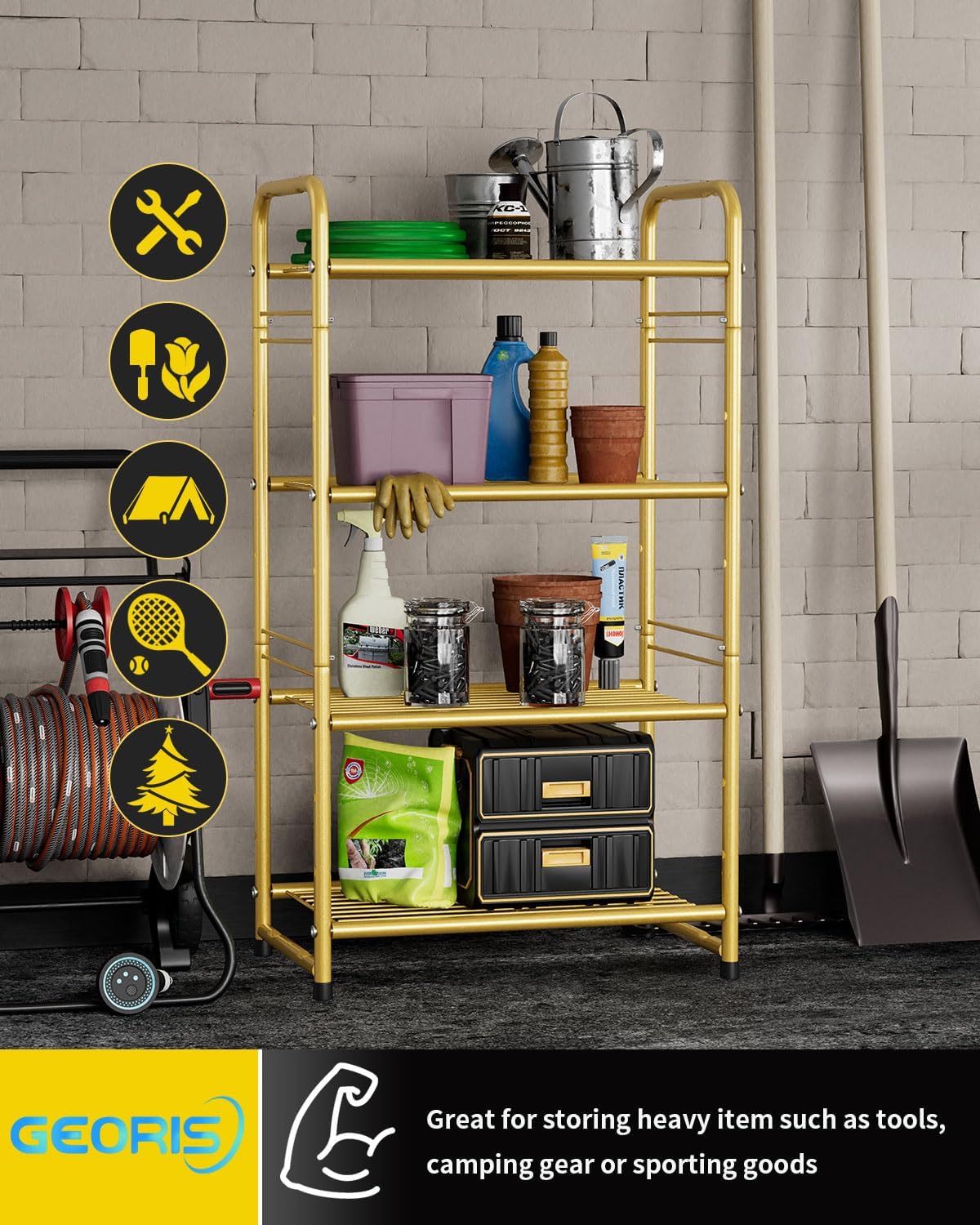 4 Tier Wire Shelving Storage Rack Outdoor Indoor Waterproof, Stackable Heavy Duty Steel 17.7-Inch Bathroom Shelf Organizer, Perfect for Kitchen Pantry Closet, Gold