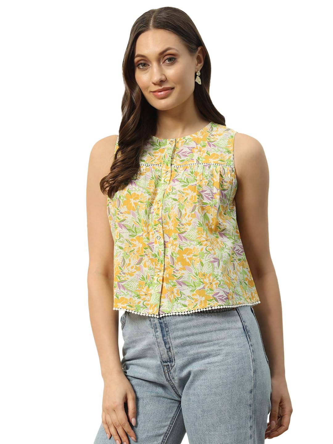 fiorra Women's Floral Cotton Regular Fit Top With Lace Detail-picture-15