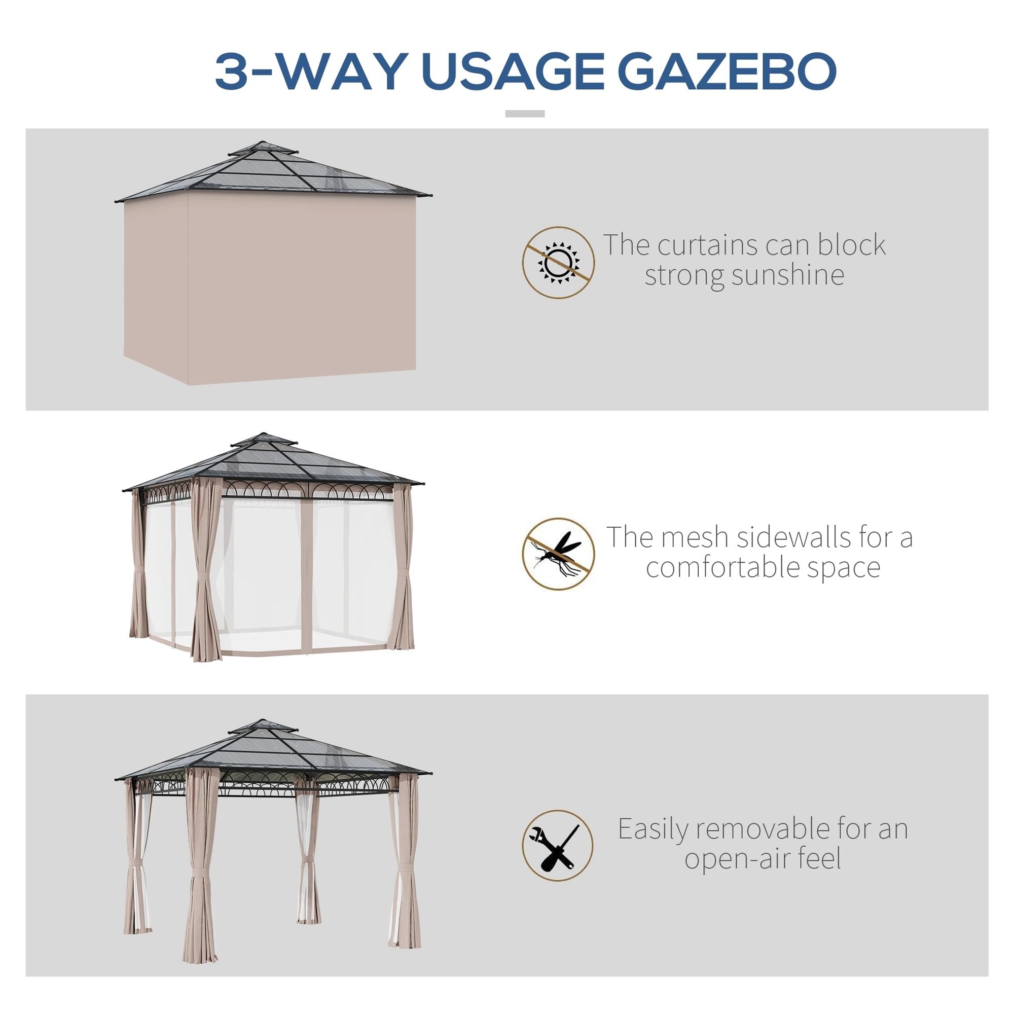 Gazebo Gazebo da esterno in policarbonato, gazebo rigido a doppio tetto con struttura in acciaio zincato(Dark grey)