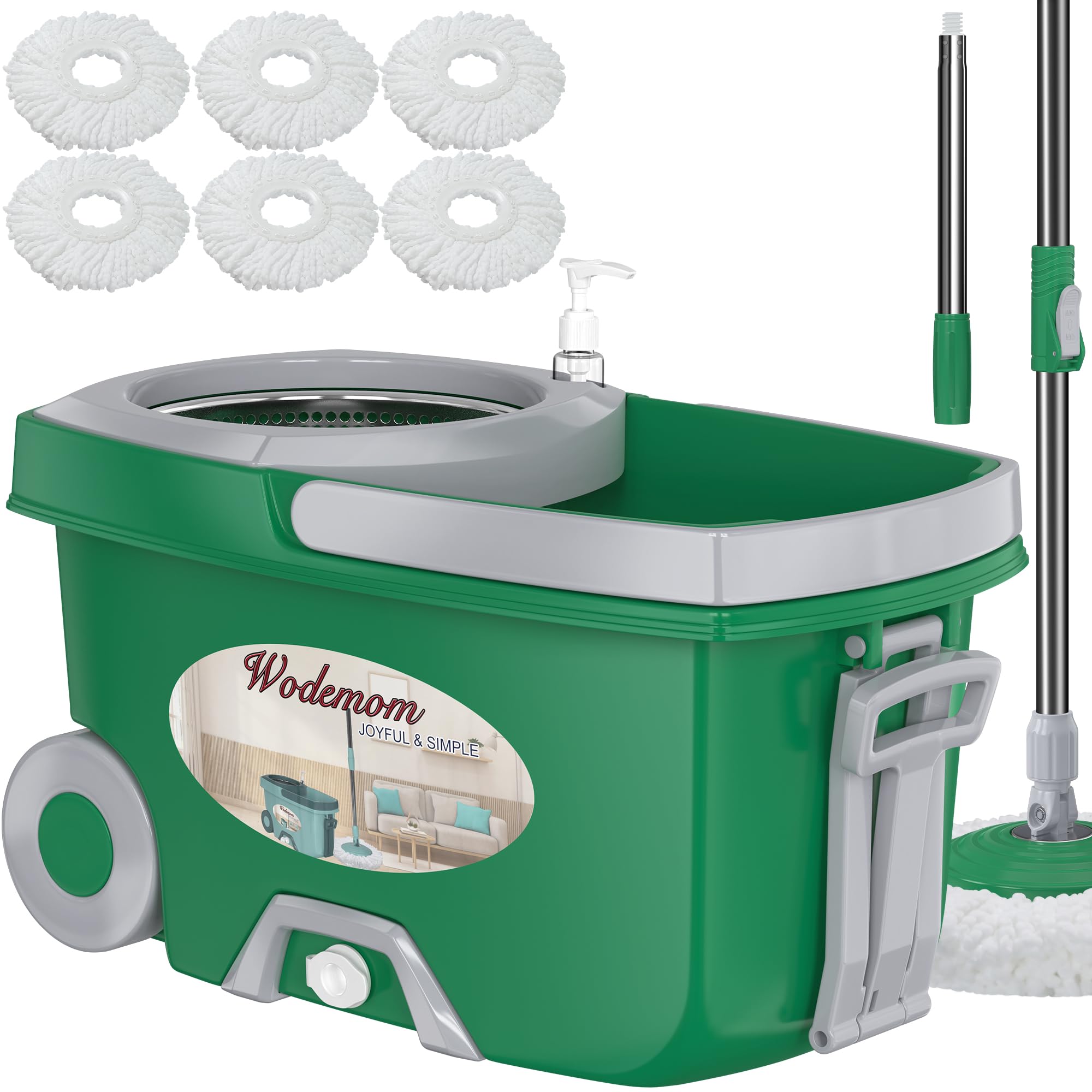 Mop And Bucket With Wringer Set, 360° Mop Bucket Floor Cleaning System 3 Microfiber Replacement Mop Head Refills 61 Adjustable Stainless Steel Handle 2x Wheel H
