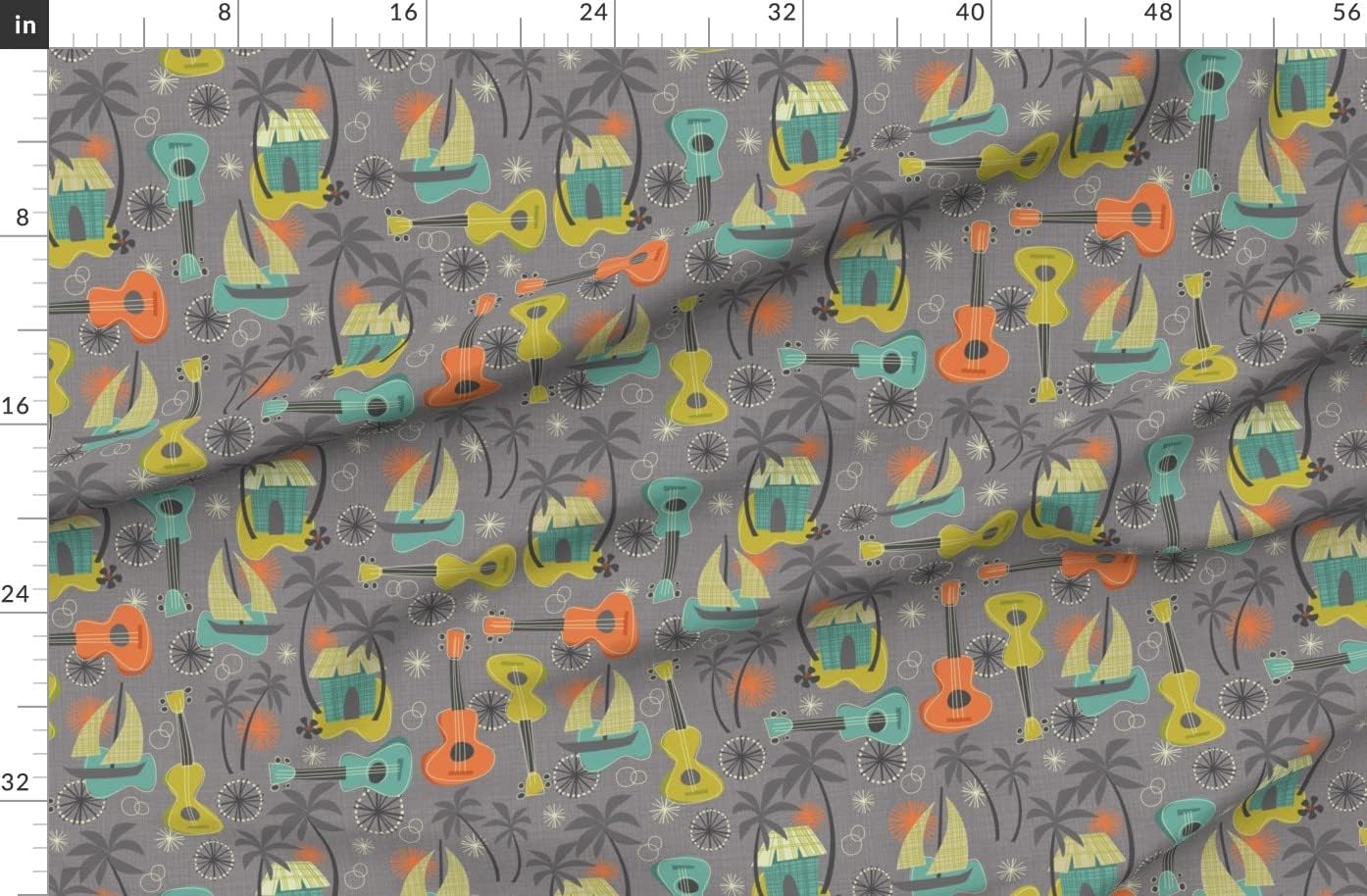 Spoonflower Fabric - Retro Ukulele Hawaii Island Mid Century Modern Palm Trees Tiki Orange Printed on Organic Cotton Sateen Fabric by The Yard - Sewing Quilting Apparel Home Decor