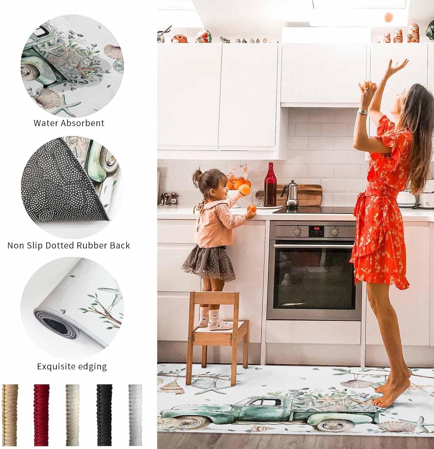 2 Pieces Kitchen Rugs and Mats,Sage Green Truck Ocean Shell Starfish Area Runner Rug Set Non Slip Floor Doormat Washable Carpet Standing Mat for Kitchen Sink Indoor Corridor,Watercolor Leaf Painting