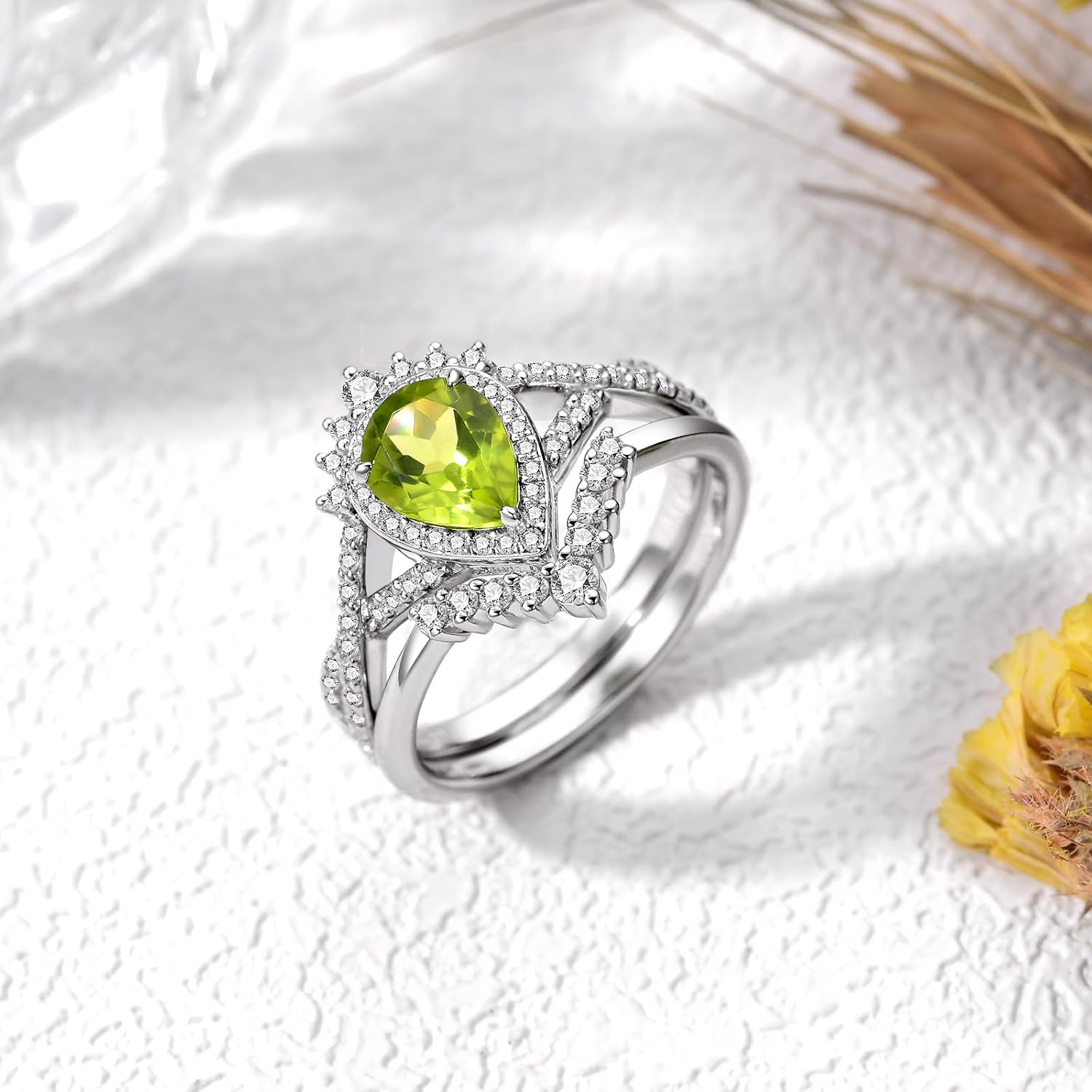 1 Carat Pear-Cut Natural Peridot Halo Engagement Rings Sets for Women,925 Sterling Silver Moissanite Infinity Wedding Bands Sets,Bridal Ring Sets for Anniversary Birthday