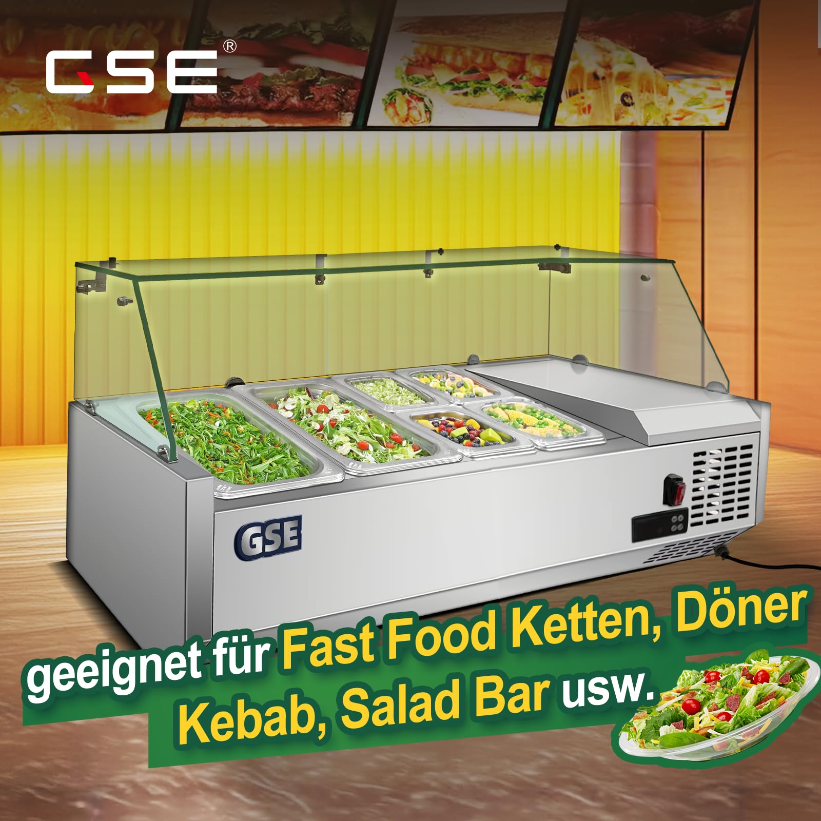 GSE vetrina refrigerata catering 120cm con piano superiore 40L GN 1/6 piano refrigerato Gastro tavolo refrigerato stazione di servizio con vetro Saladette gastro per kebab buffet di insalate