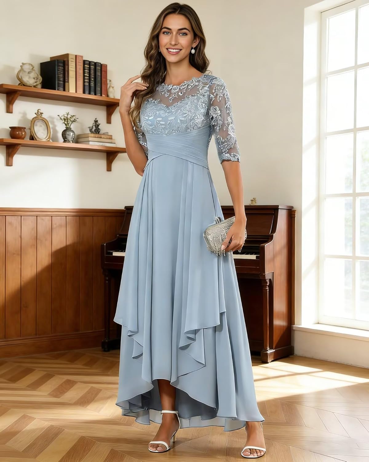 GATMAHE Tea Length Chiffon Mother of The Bride Dresses with Sleeves Lace Ruffles Long Formal Evening Gowns - Image 7
