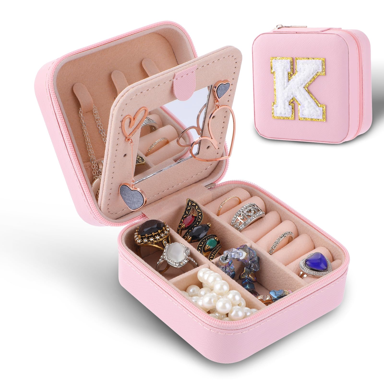 AmaxiuAmaxiu Mini Small Jewelry Box, Portable Travel Jewelry Organizer with Mirror Travel Essentials Jewelry Case Display Holder Gift for Women Girls Ring Earrings Necklace Bracelet Bangle, Pink(K)