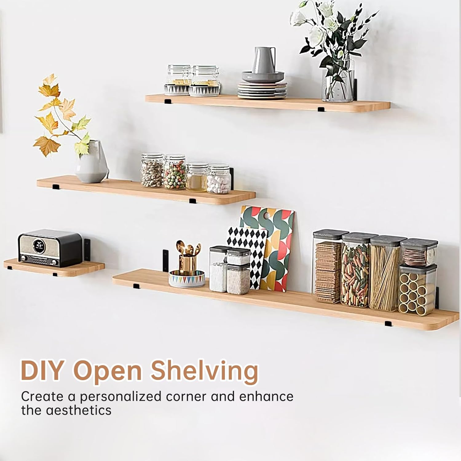 Shelf Bracket 4 Pack, Butizone Heavy Duty Metal J Bracket with Lip for DIY Open Shelving, Industrial Rustic Wall Shelf, Floating Support L Shelf Bracket Black (9.25")