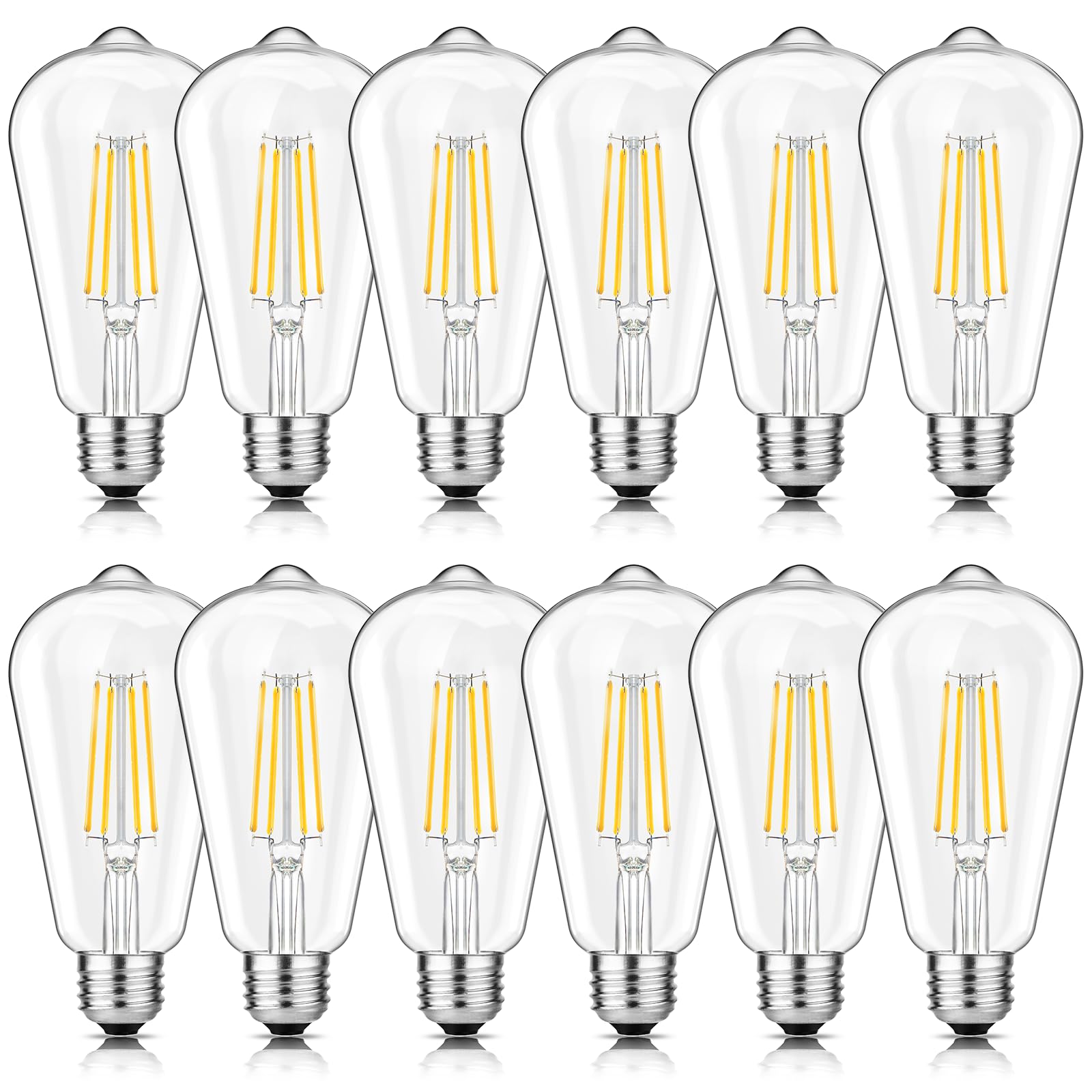 Svater12-Pack Vintage LED Edison Bulbs 60W Equivalent, 6W ST58 2700K Warm White Antique LED Filament Bulbs, E26 Medium Base, Clear Glass Style for Home and Commercial, Dimmable 750 LM