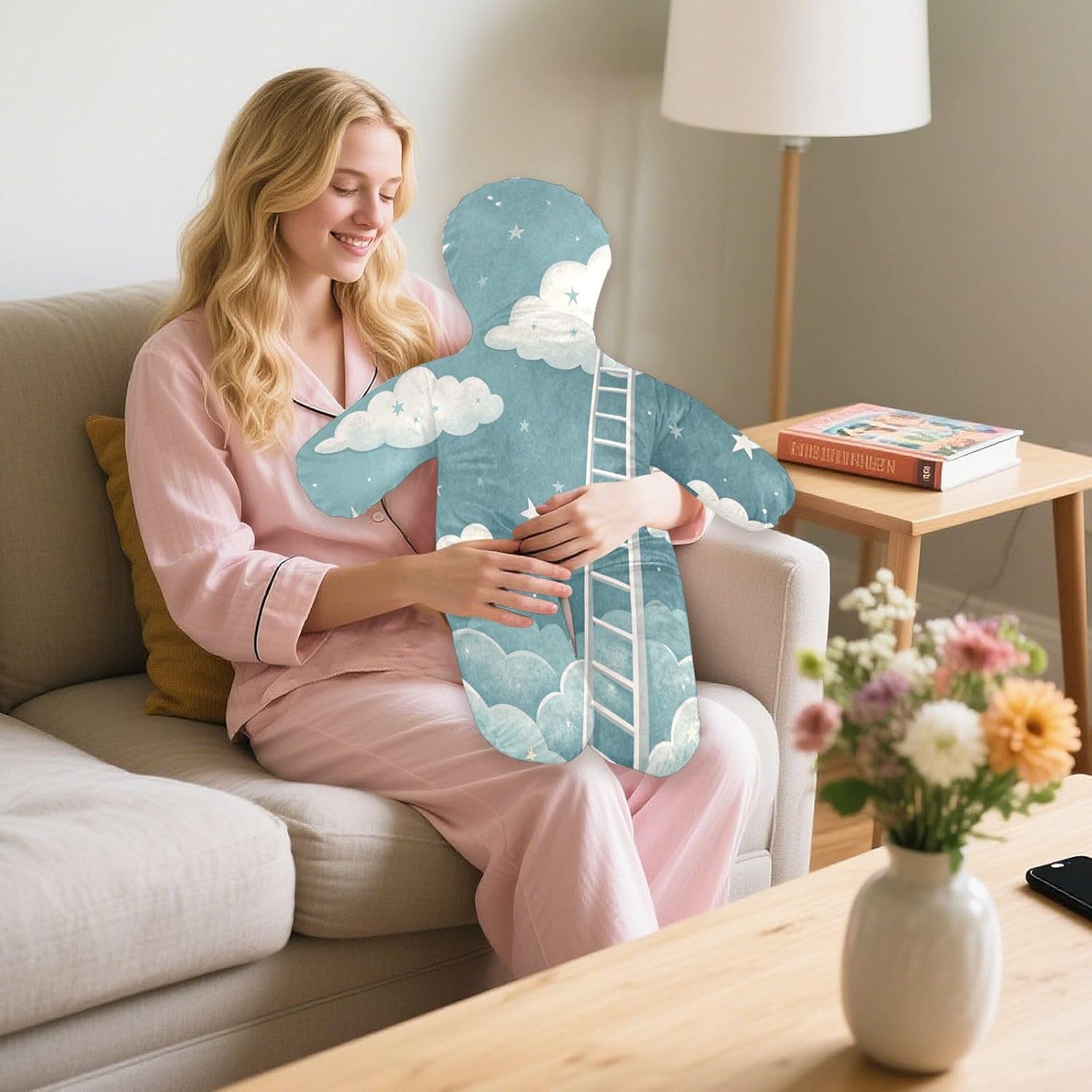 White Clouds Human-Shaped Pillow Soft Body Pillows Washable Velvet Pillows for Anxiety Relief Sleeping Cuddling & Support