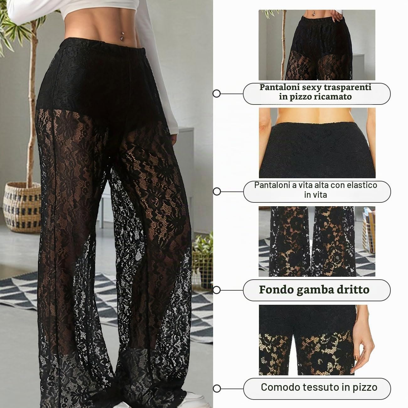 Donna Y2K Pantaloni Trasparenti Ricamati con Vita Alta e Gamba Dritta Elastico in Vita Pantaloni Mesh Street Rave per Discoteca, Clubbing, Festa, Nero, M