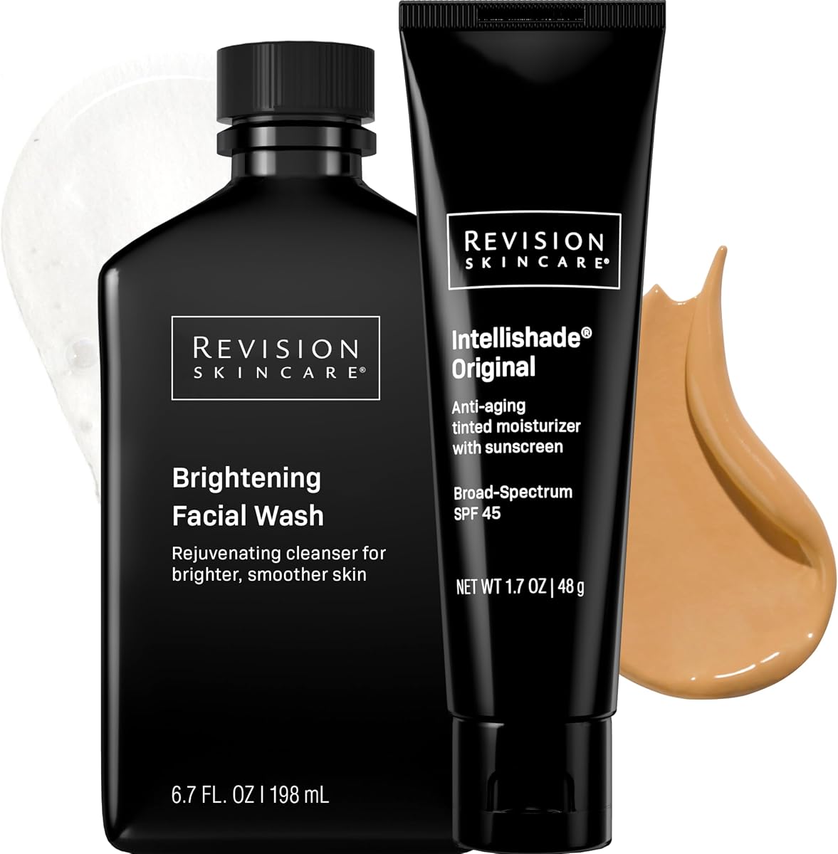 Revision Skincare Intellishade® Original SPF 45 1.7 oz + paquete de lavado facial iluminador de 6.7 oz, humectante con color antienvejecimiento con protector solar y limpiador exfoliante diario para una piel radiante y saludable
