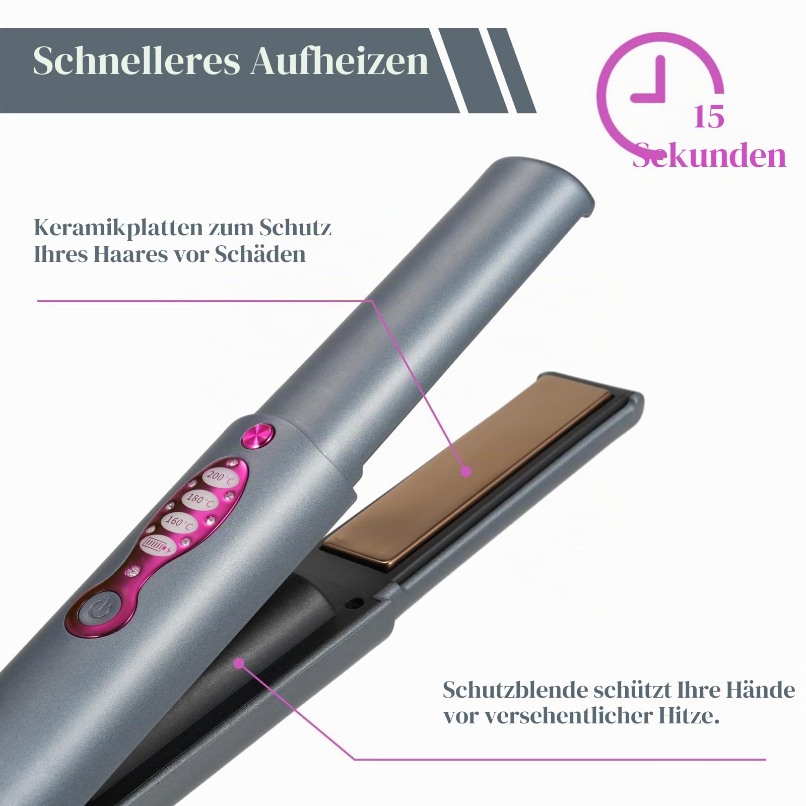 Kabelloser Haarglätter, Mini-Glätteisen, tragbar, für Reisen, Glätteisen und Lockenstab, kabellos, 2 in 1, wiederaufladbar, 3 Temperaturstufen und schnelles Aufheizen