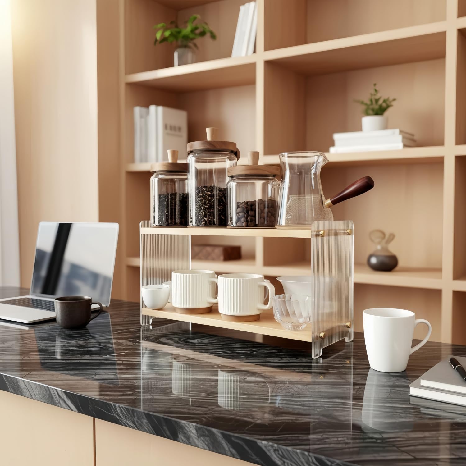 Coffee Station Organizer 2 Tier, Solid Wood Mug Shelffor Coffee Bar,Matcha Station,Tea Storage - Holds Mugs,Beans,Syrup,Cups,Tirrers (Solid Pine Wood Color, 15.4" L x 5.7" W x 8.2" H)