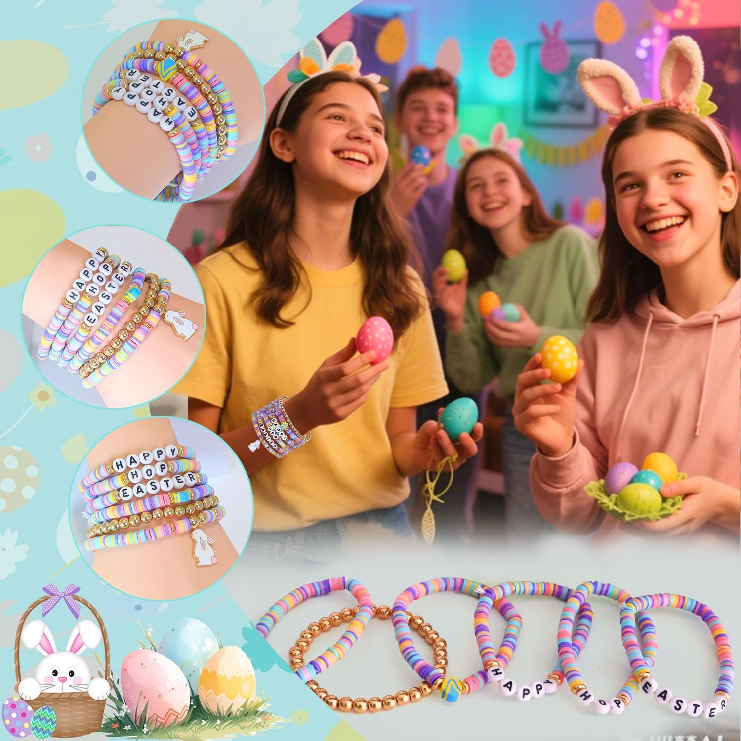 Easter Basket Stuffers for Women Happy Hoop Easter Bunny Bracelet Clay Bead Stackable Stretch Bracelet Cute Spring Jewelry Accessories Party Favors