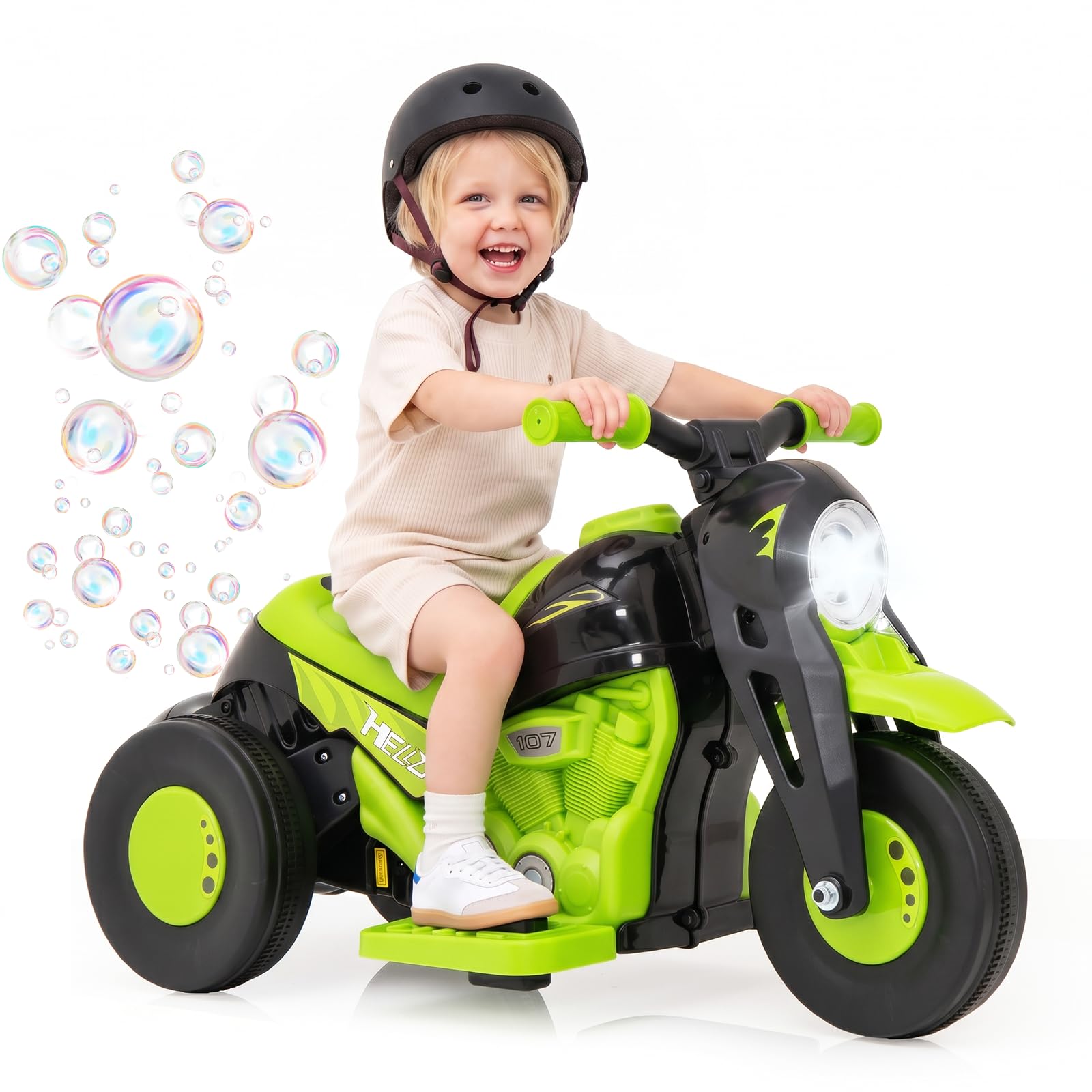 OLAKIDS Kids Motorcycle, 6V Electric Ride On Car with Automatic Bubble Function, Foot Pedal, Headlight, Music, 3 Anti-Skip Wheels Vehicle for Children, Toddler Ages 3+ (Apple Green) — image 1