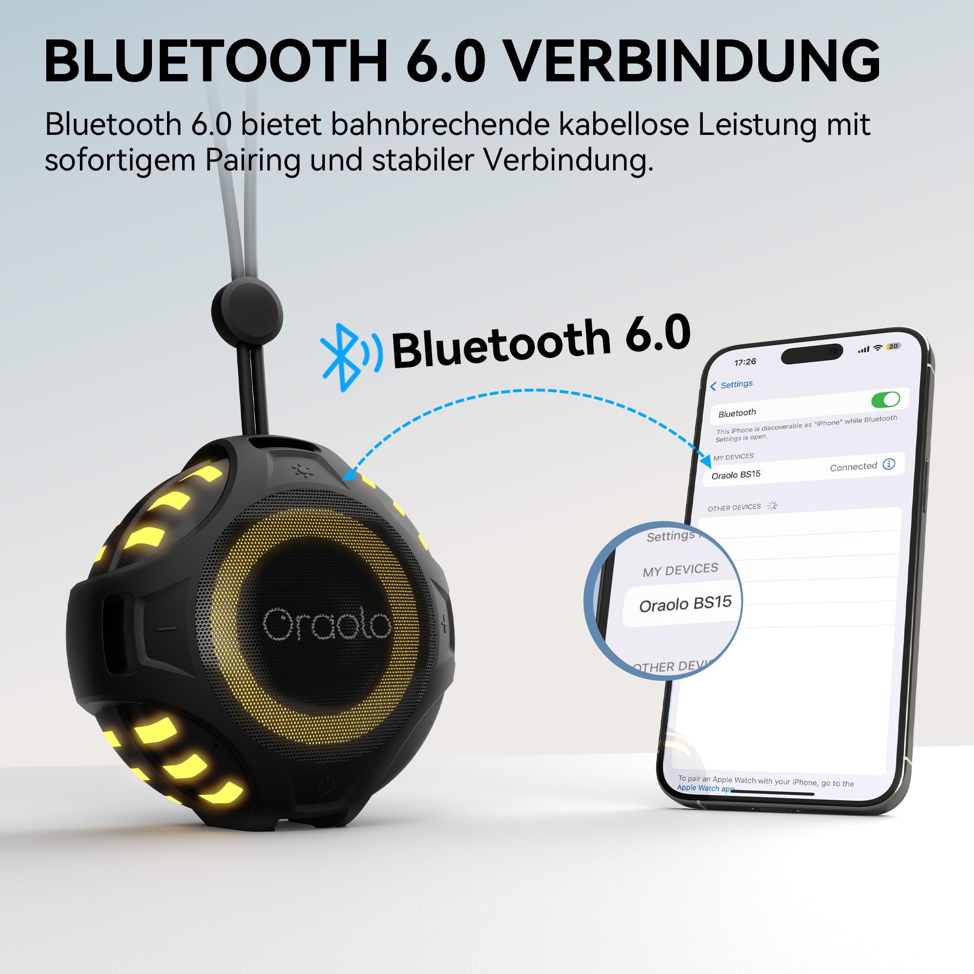 oraolo Cassa Bluetooth Doccia Altoparlante Portatile | IPX7 Impermeabile Bluetooth 6.0 con Luce LED 10H TF/USB Wireless Speaker per Viaggi Doccia Esterno