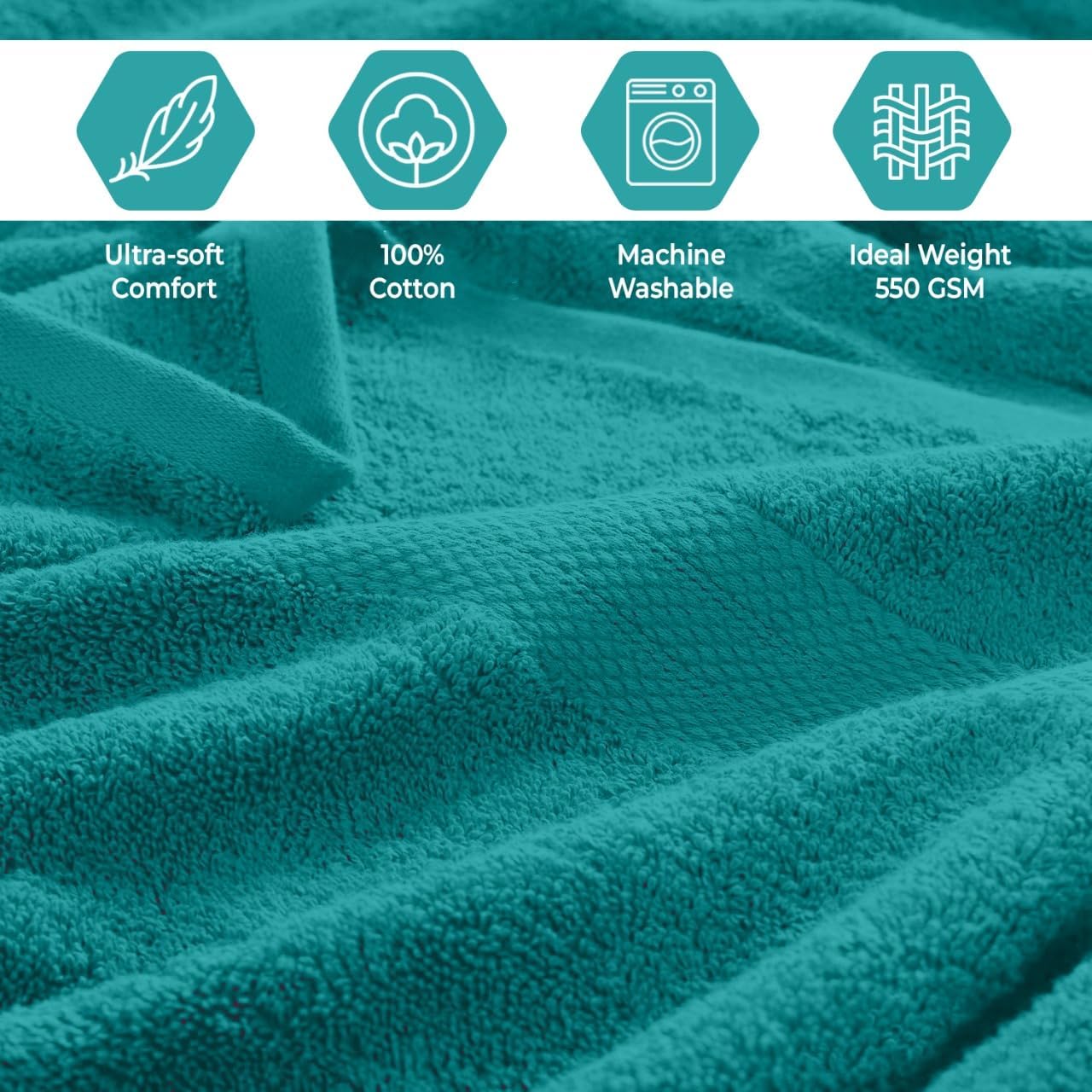 QUBA LINEN Pack of 8 Towels Set, 2 Large Bath Towels, 2 Hand Towels, 4 Wash Cloths, 100% Cotton, Lighter Weight, Quicker to Dry, Super Absorbent, Perfect for Bathroom (Teal)