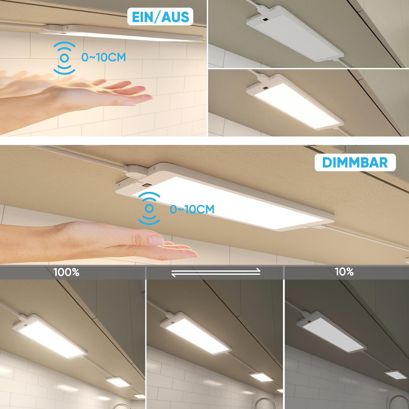 LED Unterbauleuchte Unterschrank Küche Lampe Flach Dimmbar für Küchenschrank Arbeitsplatte Küche, 3er Anschließbare Lampen mit Berührungsloser Schalter, 230V, 5 Beleuchtungsfarb Modi
