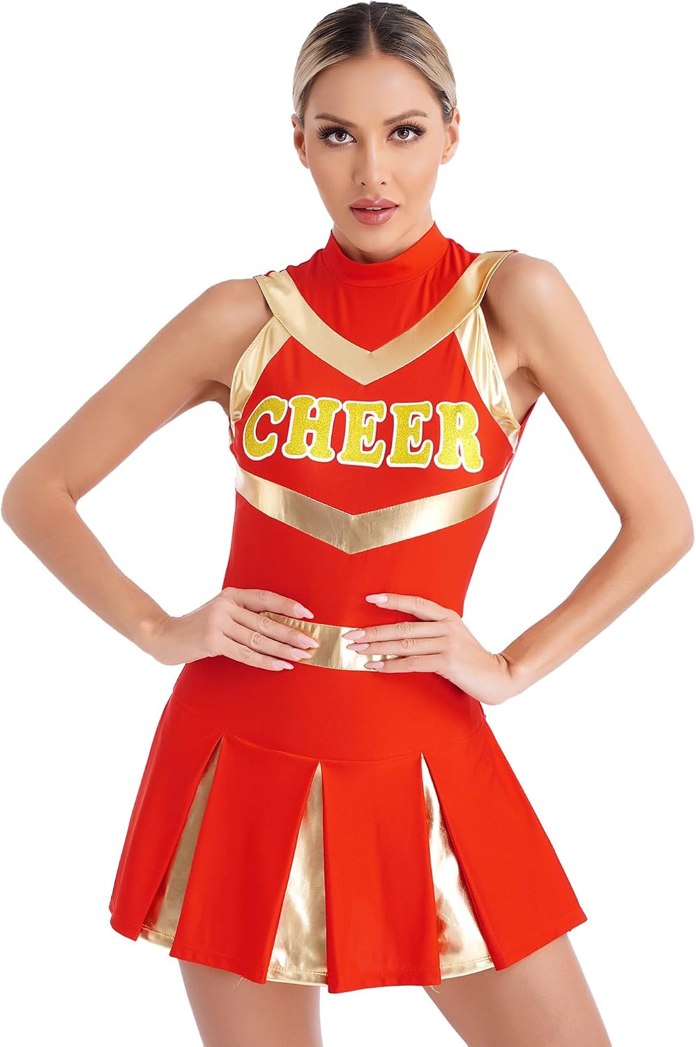 YiZYiF Women Cheer Leader Costume Uniform Cheerleading Adult Dress Outfit Pleated Pleated Dress