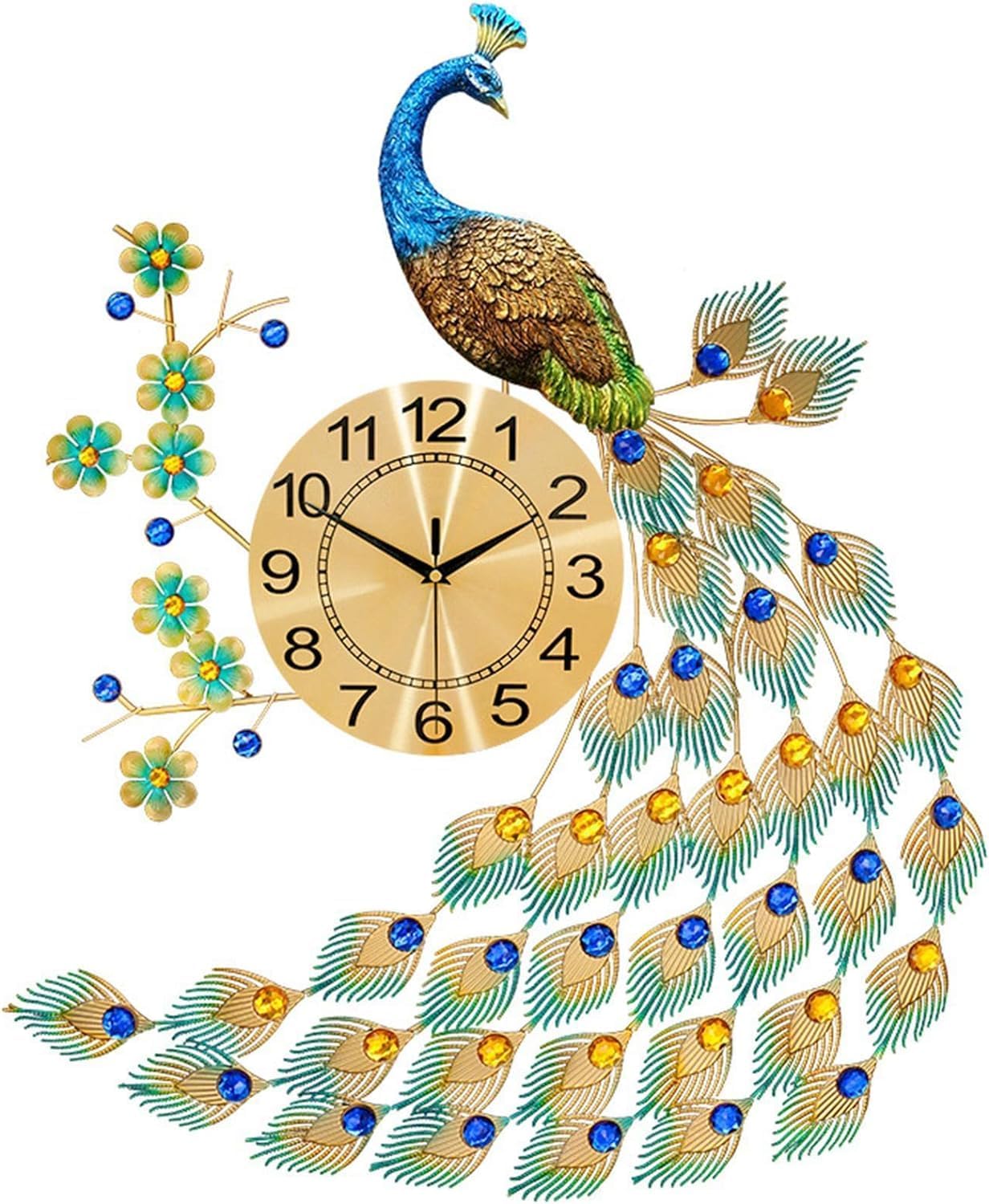 waqif Peacock Wall Clock, Flower Design, Large 3D Peacock Silent Clock, for Study Room Living Room, Bedroom, Home Wall Art Decoration(102cm*62cm)