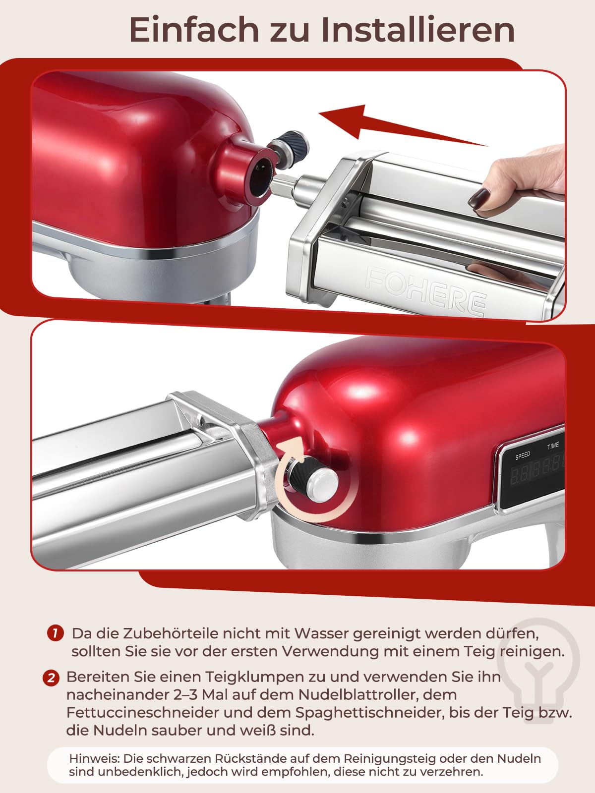 FOHERE Nudelaufsatz Nudelblattroller für KitchenAid Küchenmaschine, Pasta Maker Zubehör Mit Nudelblattroller und Reinigungsbürste (7 Einstellbare Dicken)
