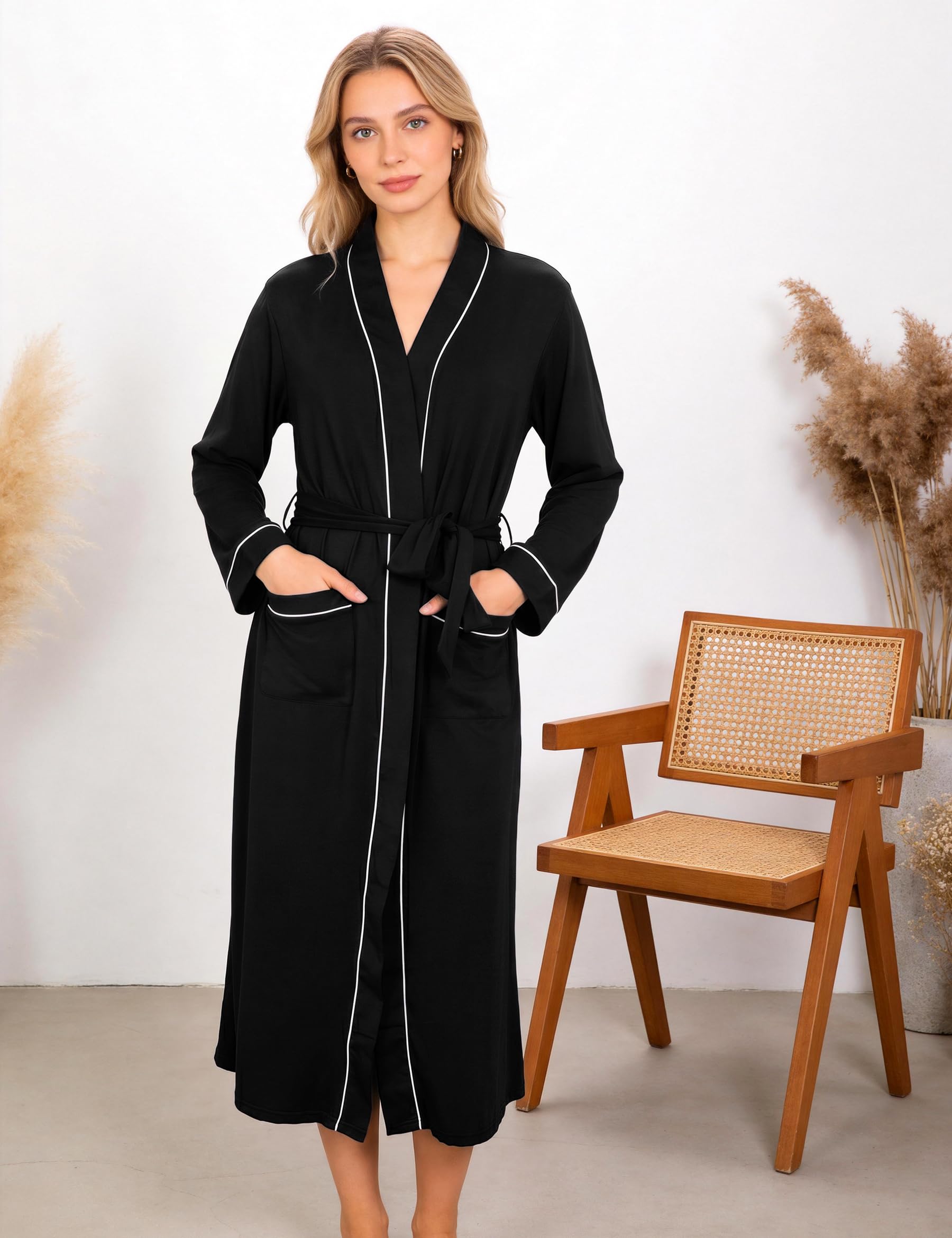 Marvmys Robe De Chambre Femme Long Peignoir De Bain Col En V Vêtements D'intérieur Longue Coton Doux Confortable Et Respirant Ceinture Avec Poche