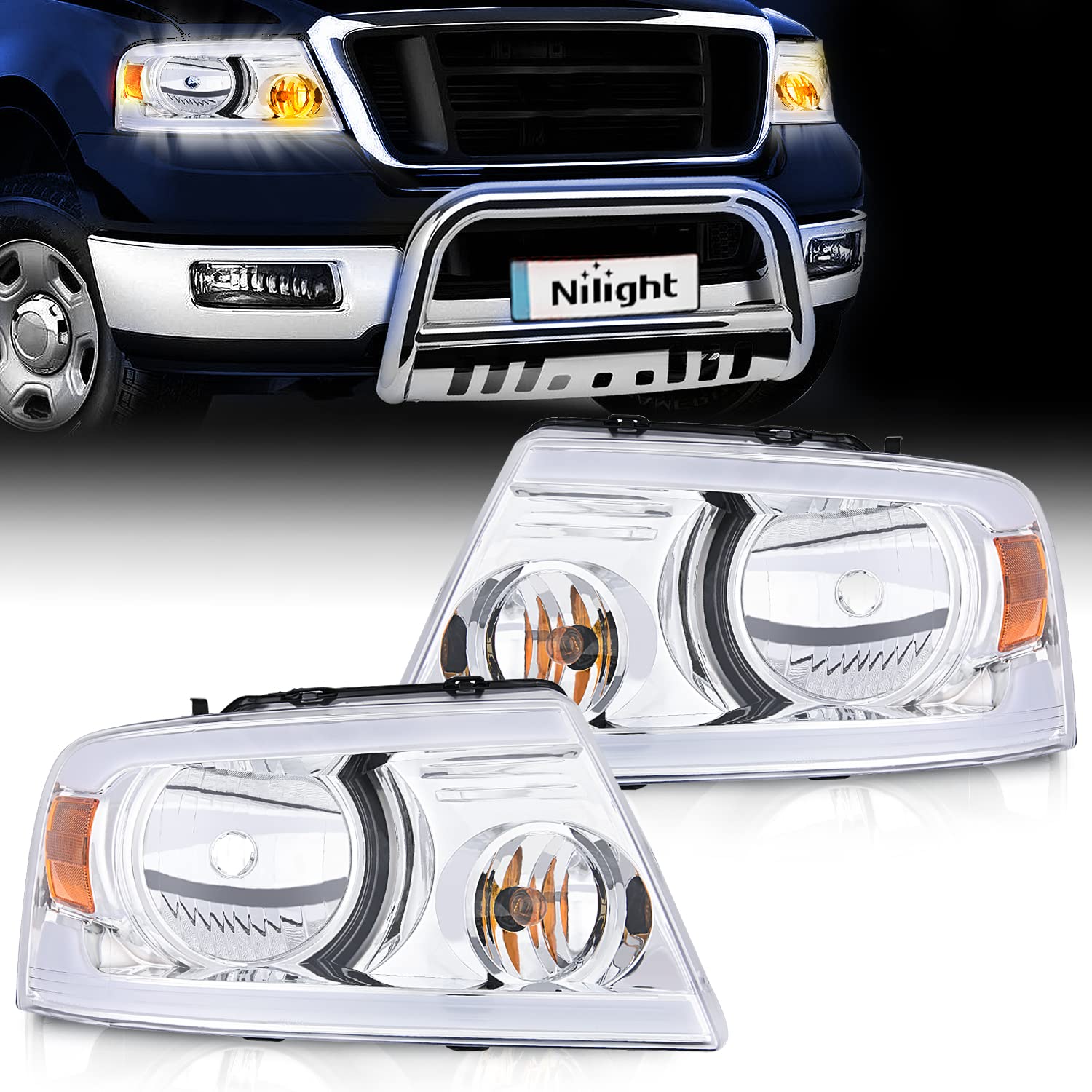 Nilight Headlights Assembly for Ford F150 F-150 2004-2008, 2006-2008 Lincoln Mark LT Led DRL Headlamp,Chrome Housing