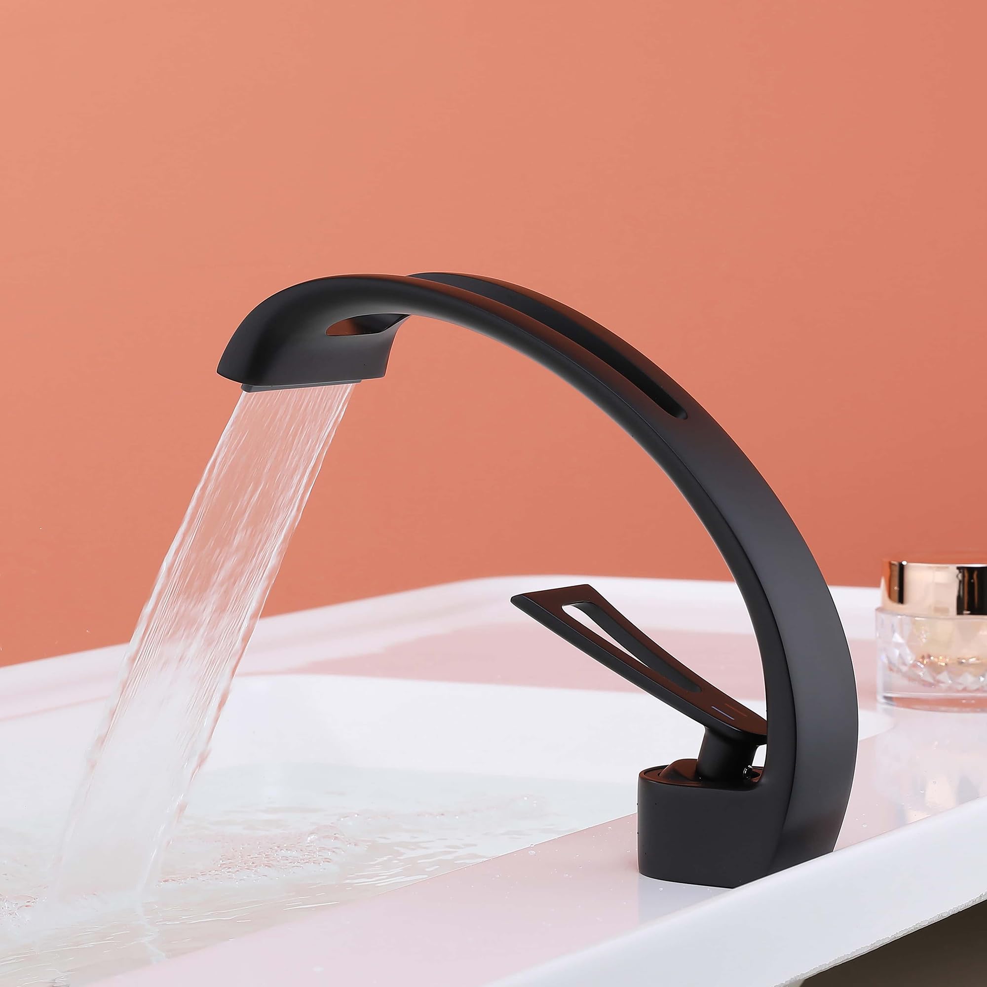 Rubinetto Bagno Cascata Nero, Miscelatore Lavabo Stile Moderno, Monocomando a Cascata Con Acqua Calda e Fredda