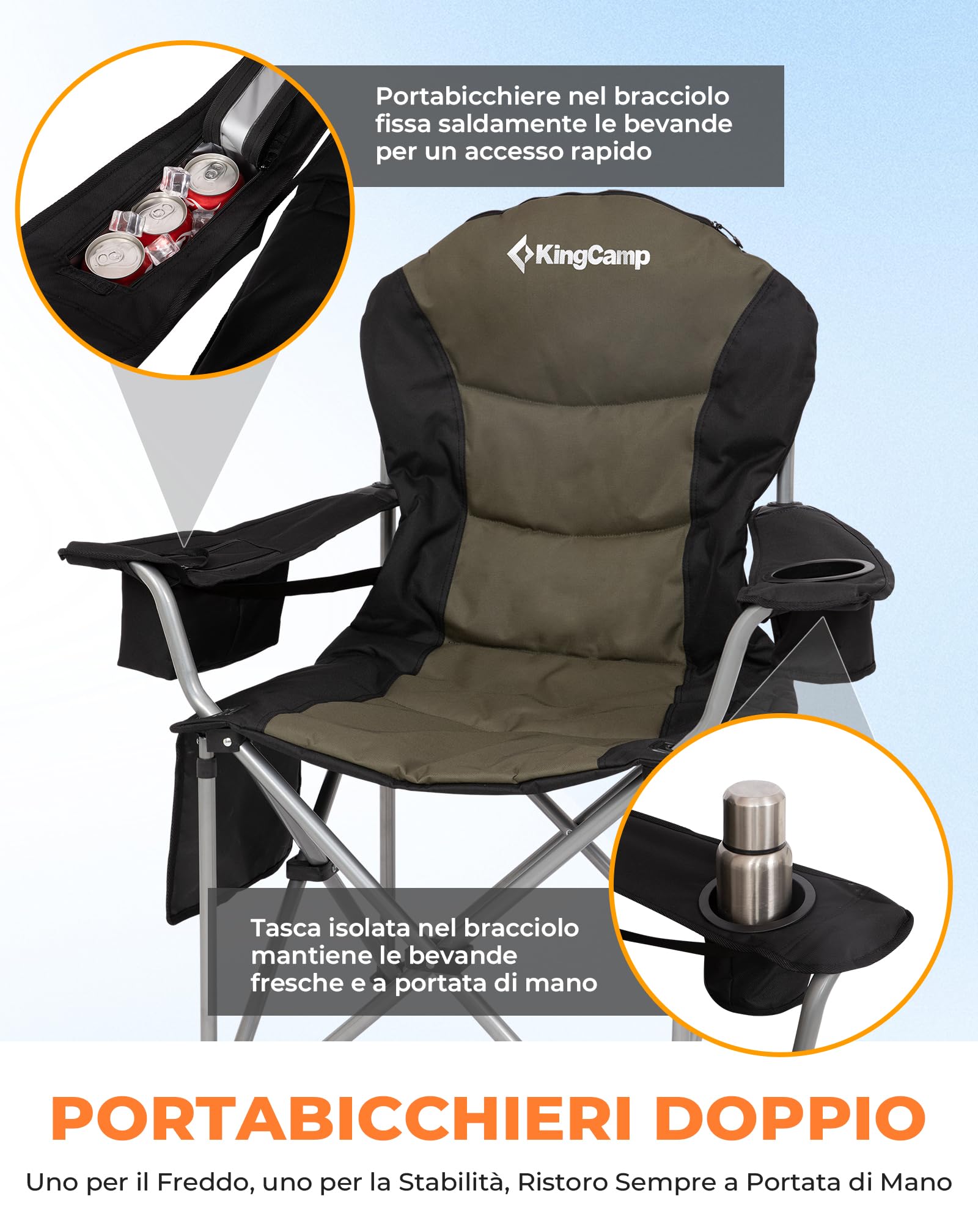 KingCamp Sedia Campeggio Pieghevole Ergonomica Imbottita XXL 250 kg | Sedia con Supporto Lombare Regolabile, Borsa Termica e Braccioli per Camping Giardino Pesca Spiaggia e Festival