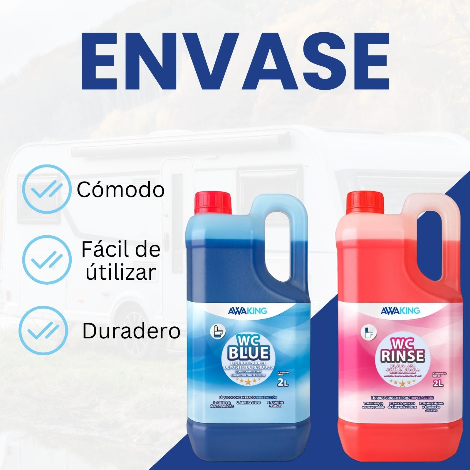 PLANTAWA Líquido Químico Blue 2L + Rinse 2L | liquido wc quimico caravana y wc portatil | liquido autocaravana wc con acción desodorizante | Fácil de usar y transportar
