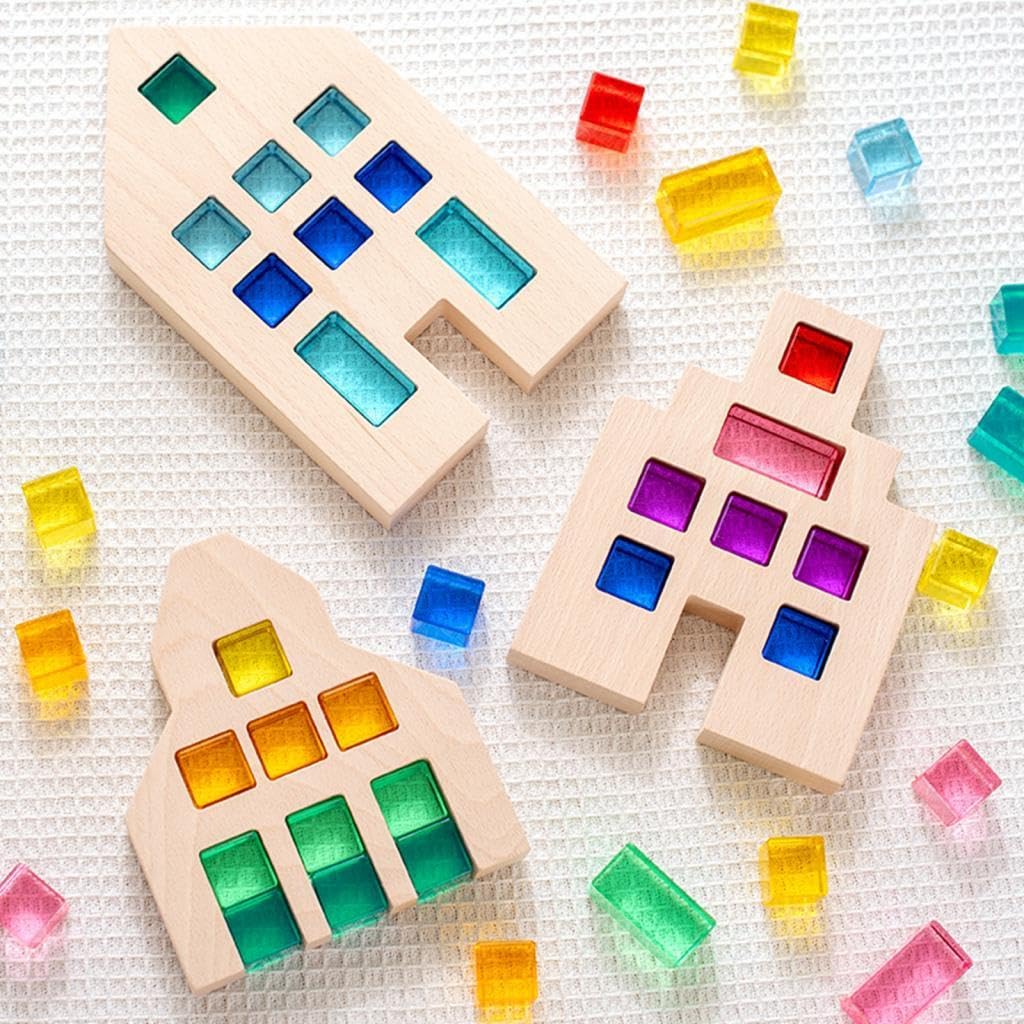 MagiDeal 30 Pezzi Blocchi da Costruzione Set Cubi Stacking Gioco Educativo Arcobaleno Gemme Cubi Acrilico Trasparente con Scatola in Legno Adatto Ba, 100 Pezzi