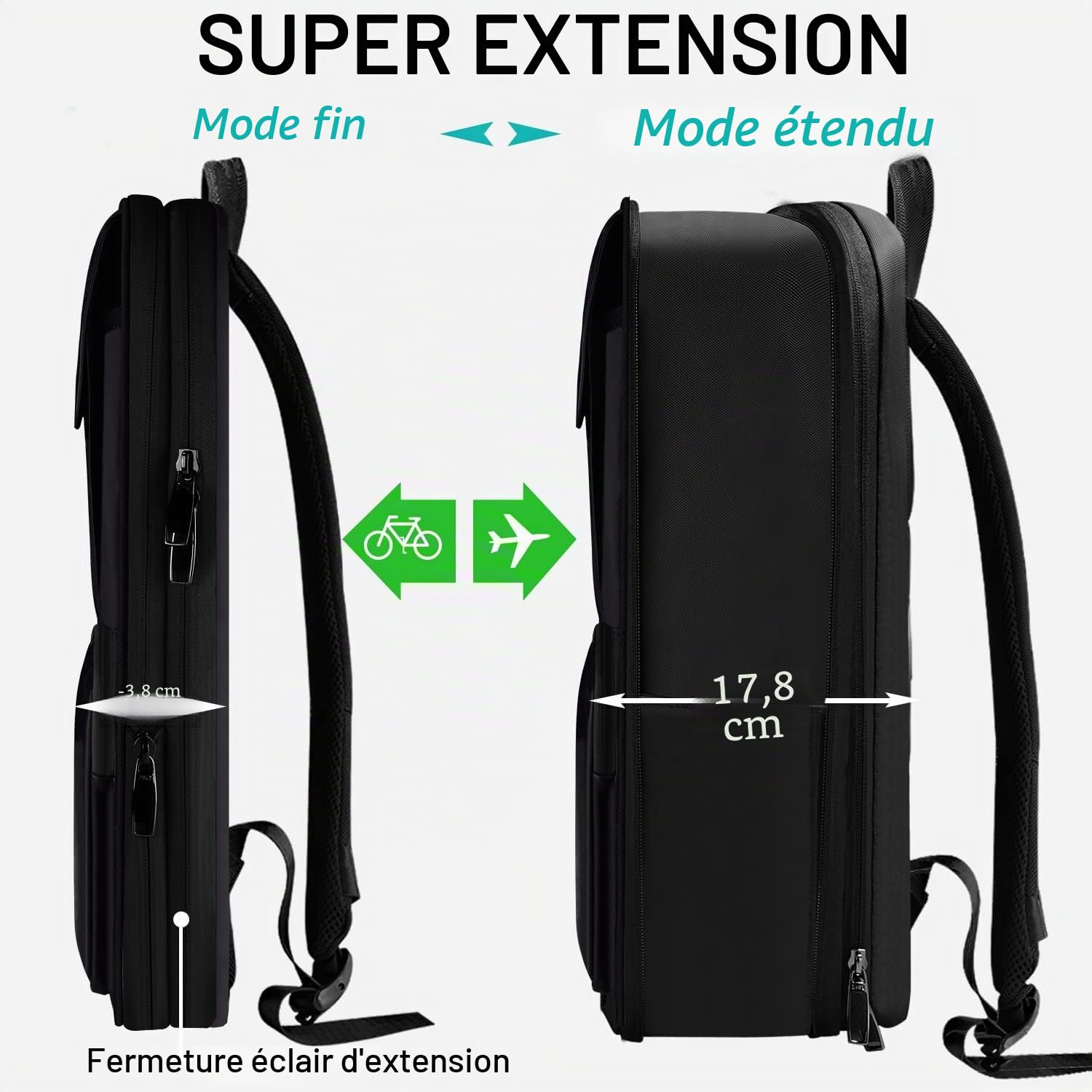 ZINZ Sac à Dos Fin et Extensible pour Ordinateur Portable 15,6 Pouces, Résistant à l'eau, Antivol, pour Homme et Femme,Noir